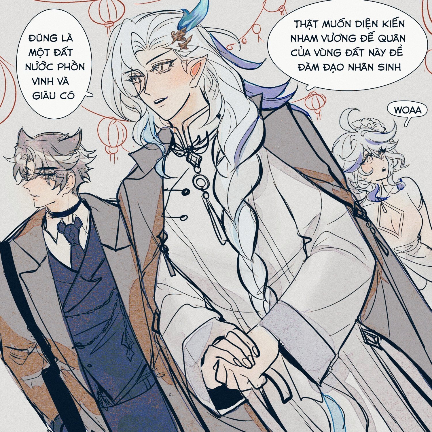 he image is a piece of digital fanart, likely inspired by genshin impact, depicting three characters in elegant, asianinspired clothing.  two male characters are centrally positioned, holding hands. one has long white hair and appears to be in a position of power or royalty, indicated by the text in speech bubbles.  the other male is dressed in a suit, and has gray hair.  a female character with white hair is shown in the background. the art style is reminiscent of anime and manga, with soft lines and a pastel color palette.  vietnamese text within speech bubbles suggests dialogue or narration about the characters and their setting. the overall scene suggests a celebratory or potentially royal event.