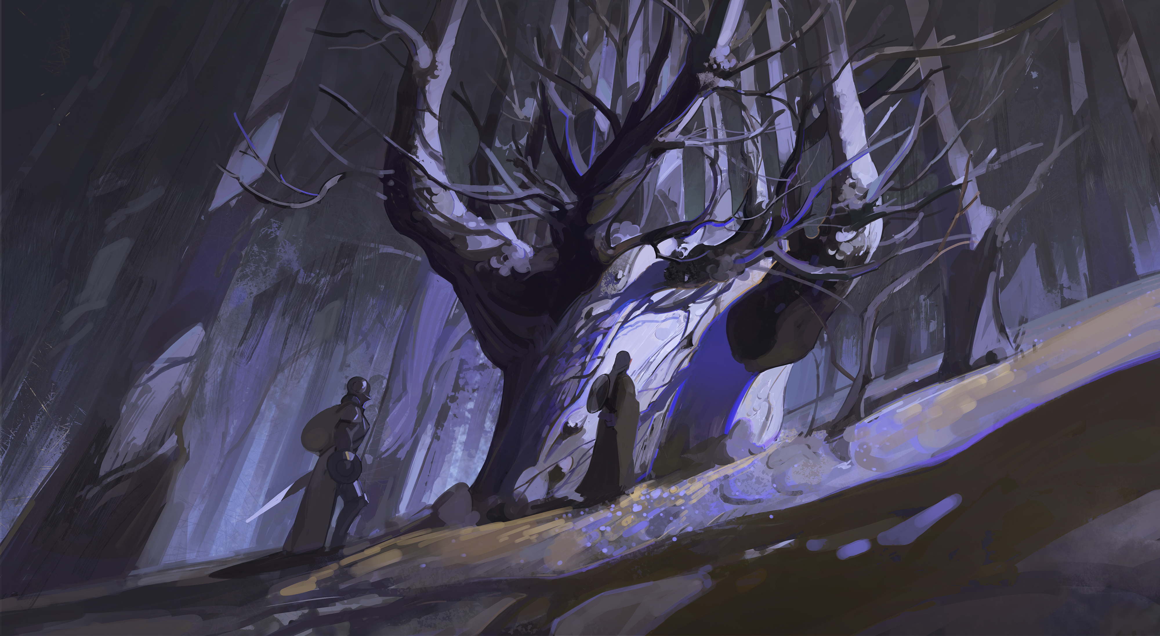 two cloaked figures stand before a gnarled, bare tree in a snowy, dark forest. one figure carries a large pack on their back and a staff. the other figure stands with its back turned.  the scene is lit with cool, blue light, creating a mysterious and atmospheric mood.