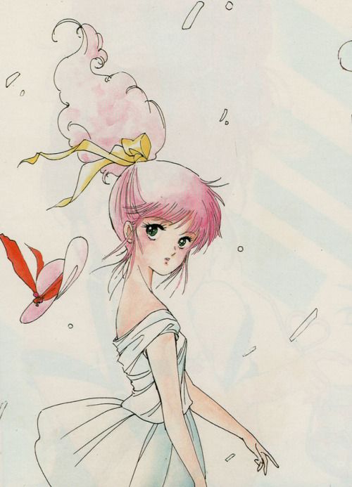 an animestyle watercolor painting of a young woman with pink hair wearing a white dress. she has a large pink cloudlike hairstyle on top of her head, adorned with a yellow bow. a pink hat with a red ribbon floats beside her. the background is light and airy with abstract shapes.