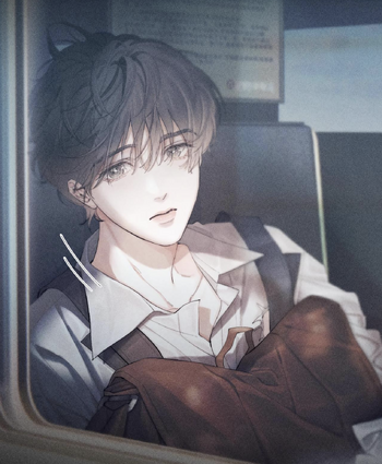 the image is a digital painting or illustration of a young animestyle male character. he has short, brown hair with bangs that partially cover his eyes, and is wearing what appears to be a school uniformstyle shirt.  he's sitting, seemingly on public transportation (a bus or train, judging by the window and signage visible), carrying a brown satchel or bag.  the overall style is soft and dreamy, with pastel colors and a gentle, melancholic mood. the character's expression is pensive and his gaze is directed away from the viewer, creating a feeling of quiet introspection. the lighting is soft and diffused, adding to the overall ethereal quality of the piece.
