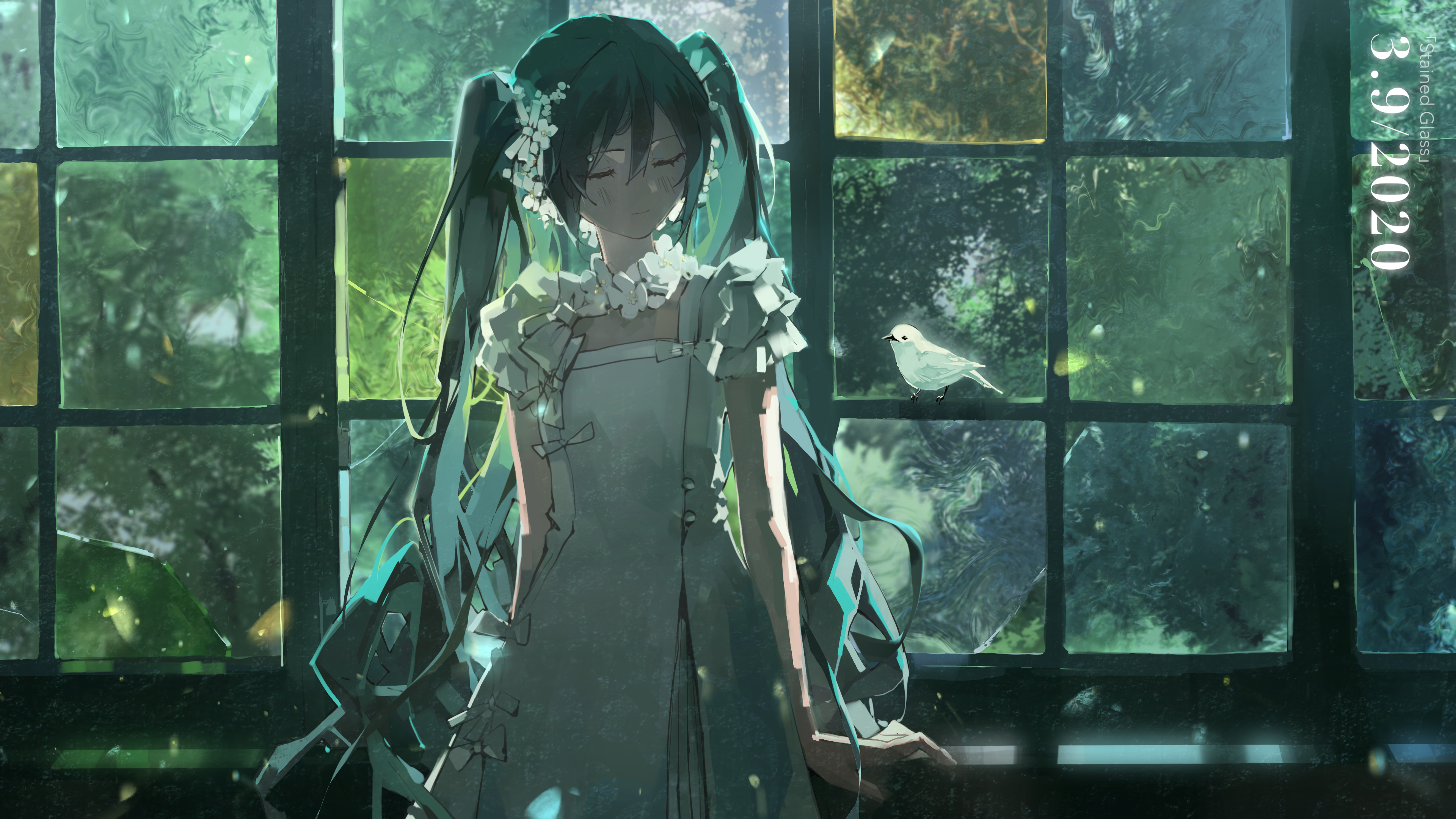 the image is a digital painting of hatsune miku, a popular virtual singer. she is depicted as a young woman with long, vibrant teal twintails. she's wearing a flowing white dress with delicate details and is standing by a large stainedglass window. the window panes are a mix of deep greens and blues, creating a dreamy atmosphere.  a small white bird perches on the windowsill near her. the overall mood is serene and slightly melancholic. the date "3.9.2020" is visible in the upper right corner.  the style is painterly and dreamlike, with subtle lighting and particle effects adding to the ethereal feel.