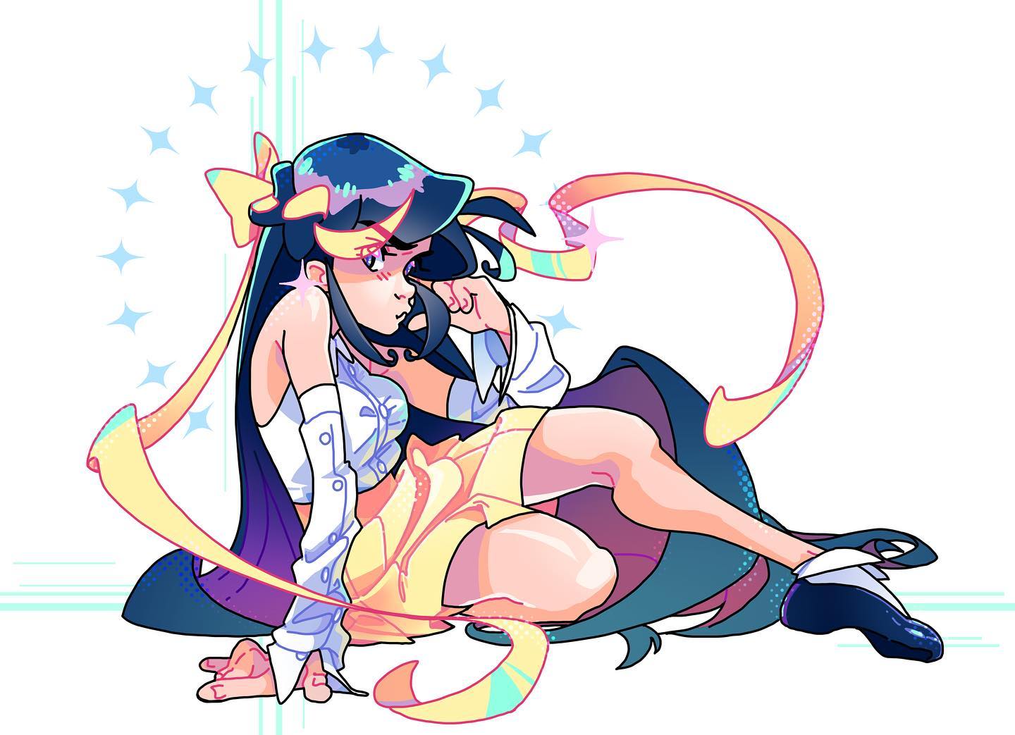 the image is a digital illustration of a stylized anime girl. she has long dark blue hair with yellow ribbons tied in a bow. she is wearing a yellow skirt and a white shirt with puffy sleeves. she is sitting on the ground with her legs bent. her expression is somewhat serious, and she is looking to the side. the overall style is vibrant and playful, with a lot of bright colors and dynamic lines. the background is a simple white with some light blue and yellow streaks.