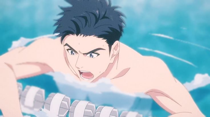 an anime character with dark blue hair is swimming in a pool. he is looking forward with a determined look. his eyes are wide and his mouth is open in a shout. he is wearing a swimming suit.