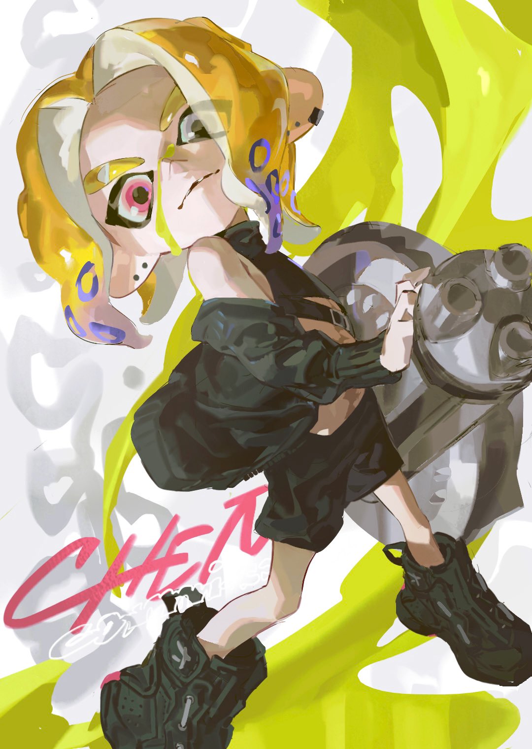 this image features a young, female, inkling, character, dressed in black, from the video game, splatoon. she is standing in a dynamic pose, with her hair a vibrant yellow, and her eyes are drawn with red ink, and she appears to be aiming her weapon towards the viewer, with a concentrated and determined expression. the image is colorful, with splashes of yellow ink, and black and grey from her outfit and weapon.