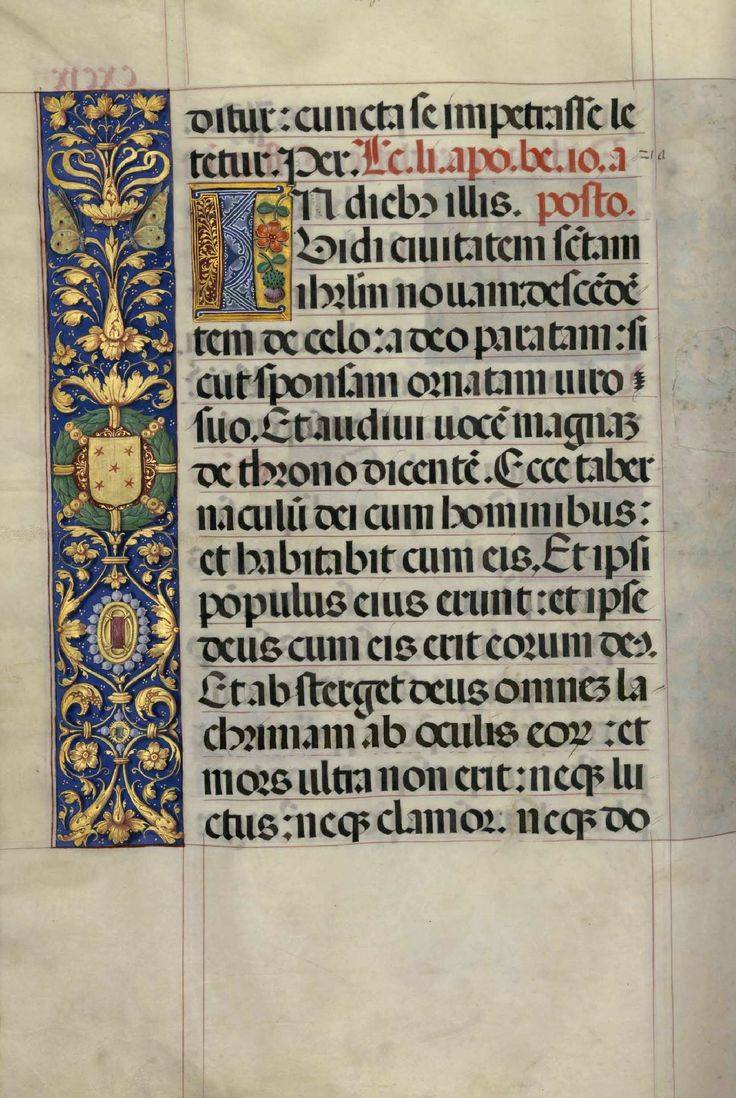 the image is a fragment of a medieval illuminated manuscript, specifically a book of hours. the page is filled with beautifully rendered black ink text written in a gothic script. the text is a passage from the bible, likely the book of revelation.  the right side of the page features a vertical illuminated border, an intricate decorative element common in medieval manuscripts. this border is crafted in gold leaf, with bright blue, red, and green accents, and features floral motifs, stylized leaves, and a heraldic shield. the border's elaborate details and bright colours contrast with the dark text, enhancing the impact of the page's contents and showcasing the artistic skill of the illuminator.