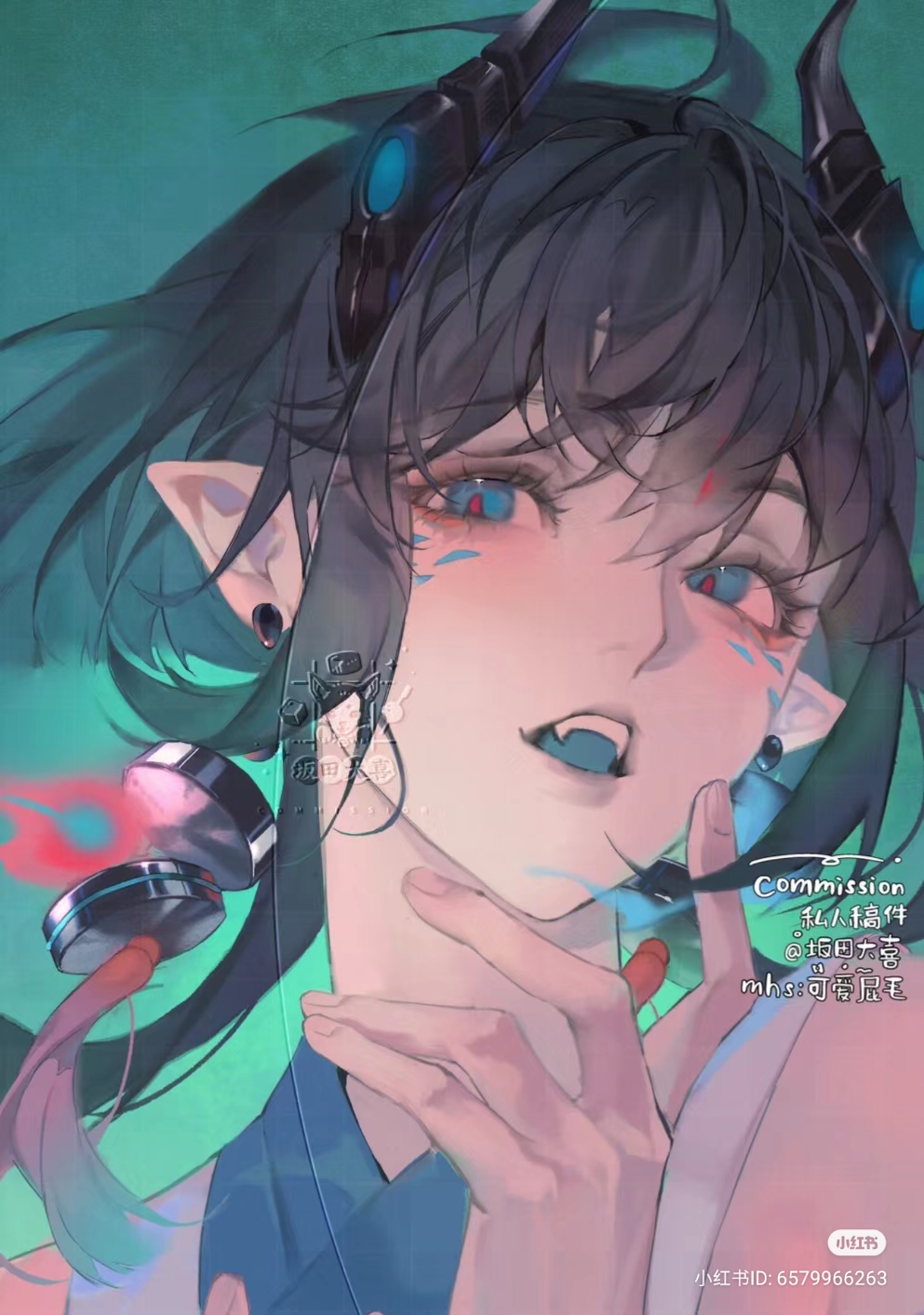 this is a digital artwork of a female character with elf ears, horns, and striking blue eyes. she has long, dark hair with teal streaks and wears a futuristic headset. her sharp teeth and glowing eyes give her a mischievous or even predatory aura. the style of the artwork is reminiscent of anime or manga.