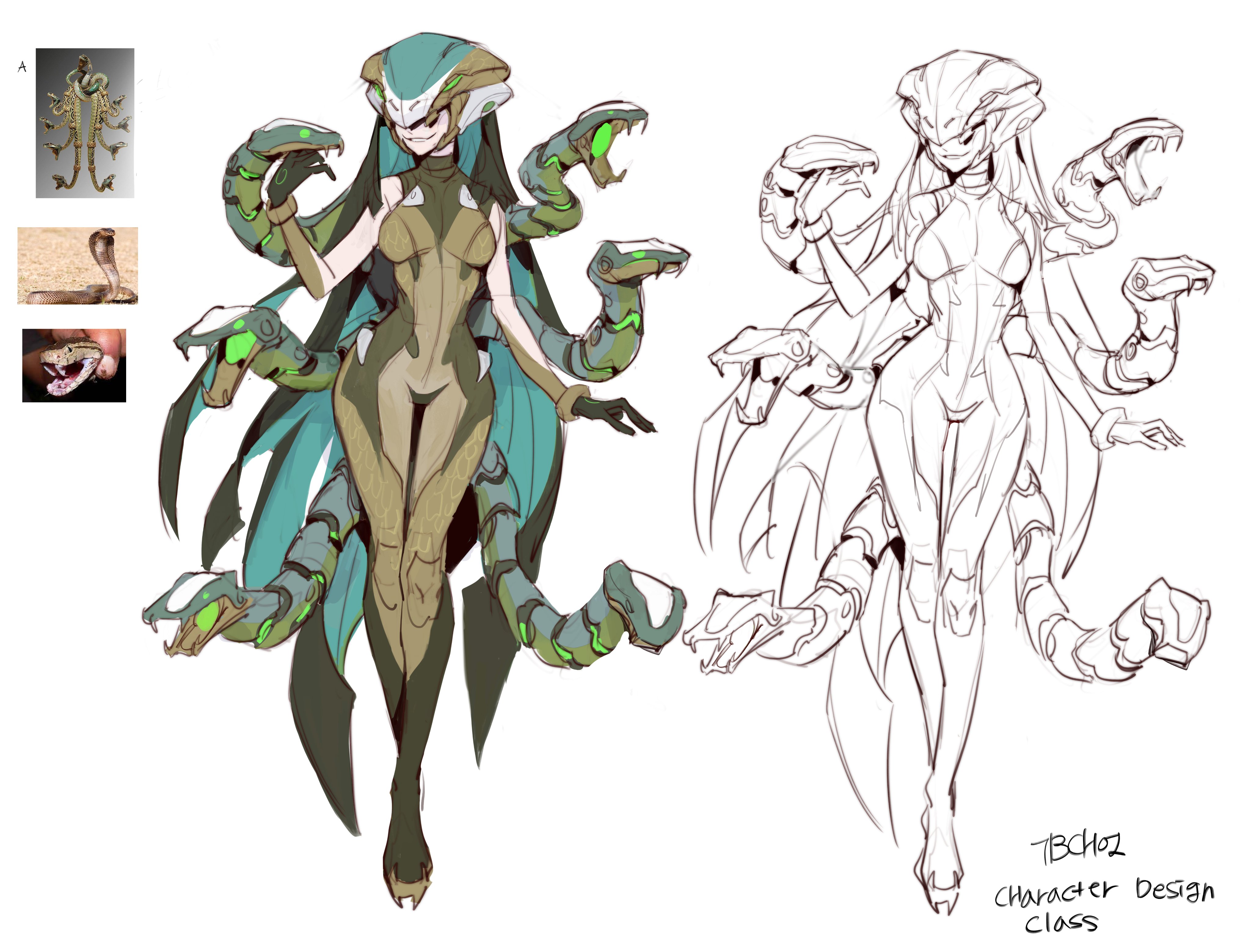 the image shows a character design concept.  on the left is a colored digital painting of a female character with multiple snakelike arms, appearing as a blend of organic and mechanical design elements.  the character's body is humanoid, clad in a formfitting suit, while her arms are distinctly serpentine with mechanical joints and glowing green accents.  she has long teal hair.  in the upper left corner, there are reference images of various snakes, presumably used for inspiration.  to the right is a line drawing or sketch of the same character, providing a cleaner, simpler version of the design. the bottom right corner is signed "tbcho2 character design class".  the overall style suggests a fantasy or sciencefiction setting.