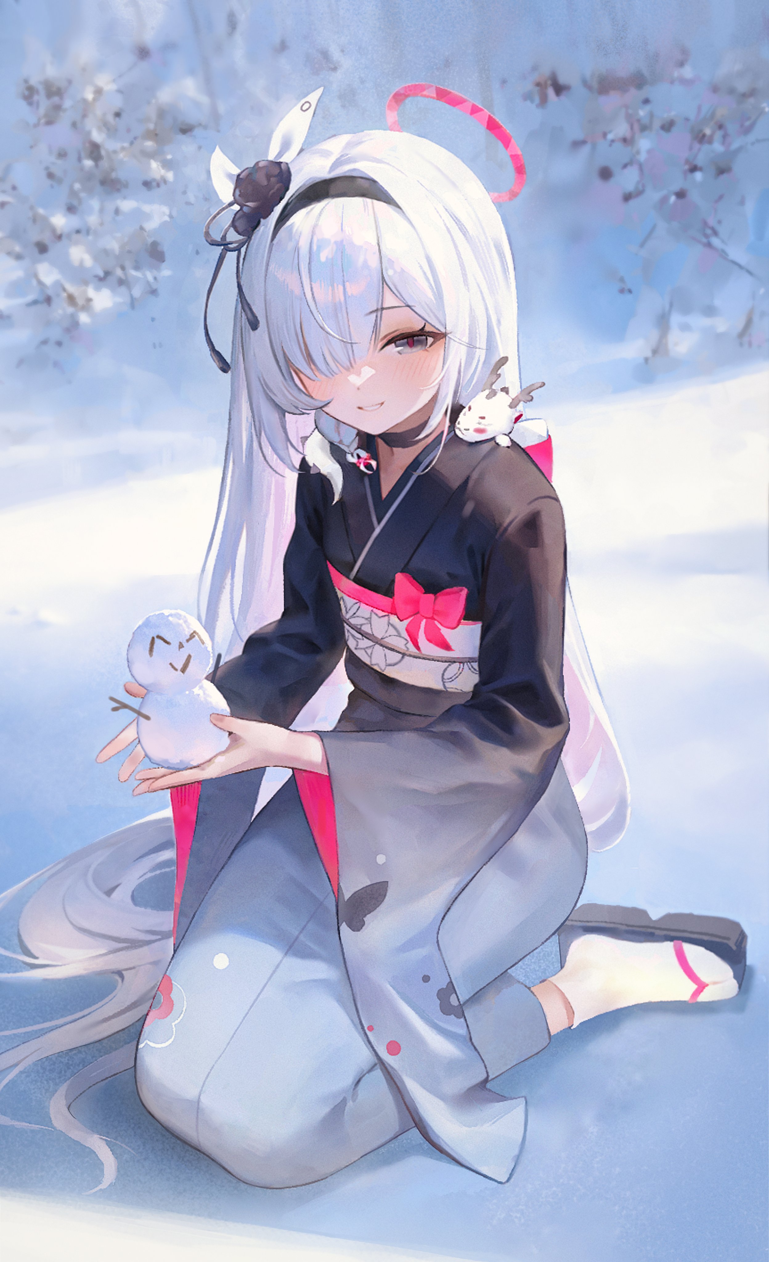 he image is a digital painting of an animestyle girl with long, flowing white hair. she's dressed in a beautiful grey kimono with black accents and a bright pink obi. she is kneeling in the snow, holding a small snowman. a small white animallike creature sits on her shoulder.  the background is a softly rendered snowy landscape with bare trees and branches, suggesting a peaceful winter scene. the overall style is delicate, graceful, and evocative of a fantasy or magical setting.  the character's expression is serene and happy.
