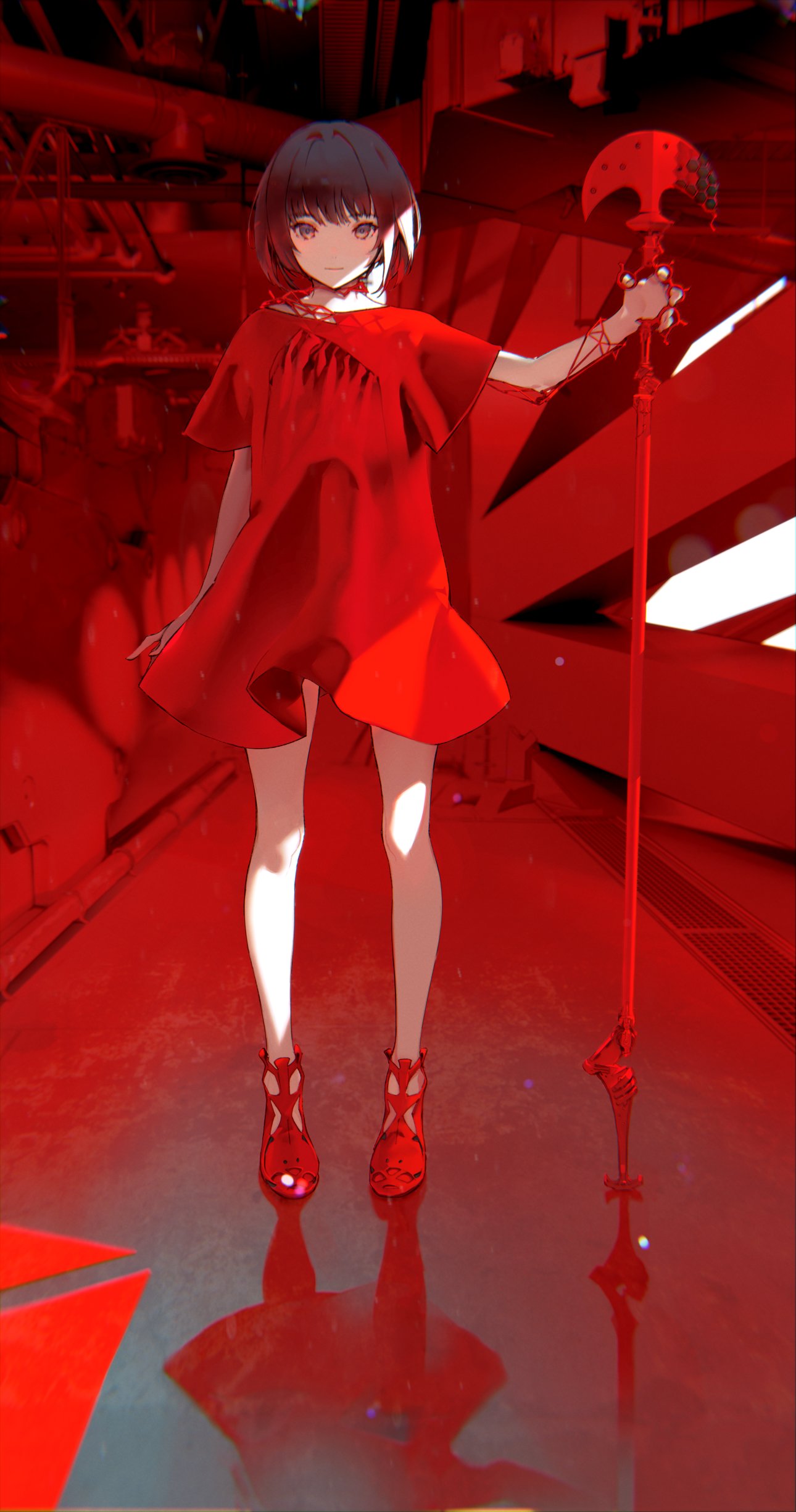 the image is a digital illustration of an anime girl. she has short, dark brown bobbed hair and is wearing a vibrant red dress that falls just above her knees.  she's holding a large, red, axelike weapon with one hand. the girl is standing on a reflective, red surface in what appears to be a futuristic or scifi setting, with red architectural elements surrounding her. her red shoes are also visible, and her reflection is cast onto the floor. the overall aesthetic is overwhelmingly red, creating a striking visual effect.