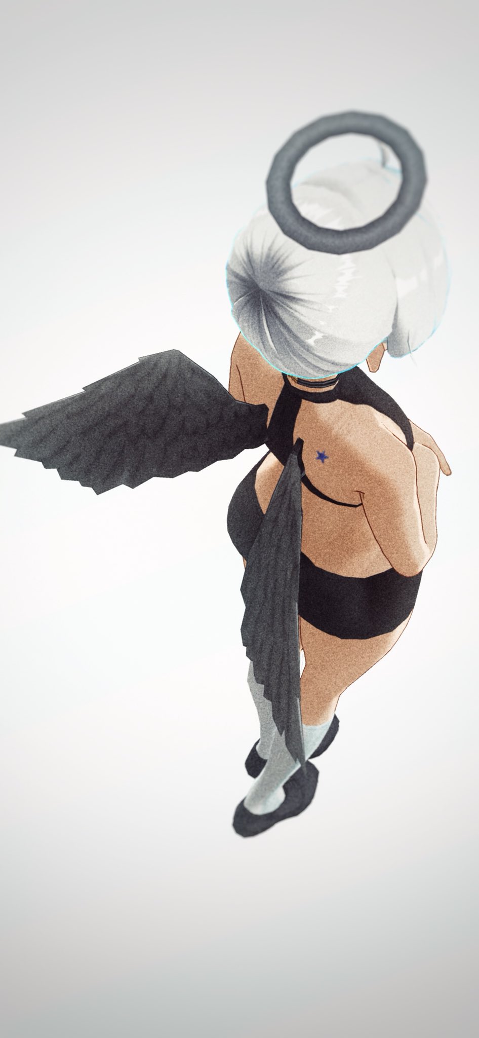 the image shows a stylized drawing of a female character with black angel wings and a gray halo viewed from above. she has short white hair and is wearing a black outfit that reveals her midriff and back. the background is a simple offwhite gradient. the overall aesthetic is soft and ethereal, with a hint of darkness suggested by the black wings.