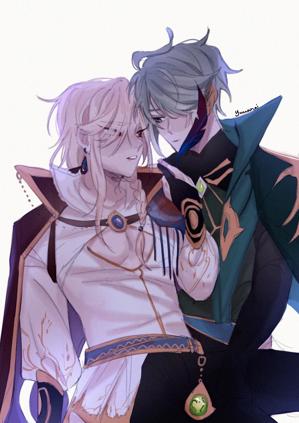 the image features two anime male characters standing close to each other. the character on the left has blonde hair and is wearing a white shirt and black pants with gold embellishments. the character on the right has green hair and is wearing a green and blue outfit. they are looking at each other with affectionate expressions on their faces. they are holding hands and appear to be in a loving and intimate relationship. the image is drawn in a digital art style and features a soft and romantic tone. it is likely a fan art depicting a couple from a popular anime or manga series.