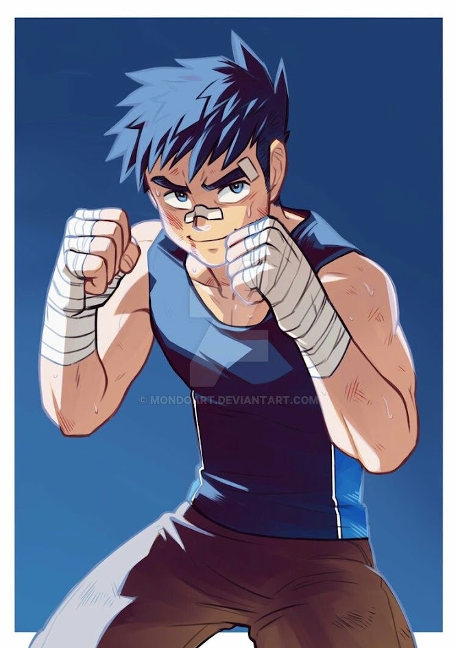 a man in a blue tank top, boxing gloves, and blue hair is looking at the camera. he has a determined look on his face and is sweating.  this image is a drawing of a boxer who is ready for a fight.  the colors and linework are drawn in a manga style.