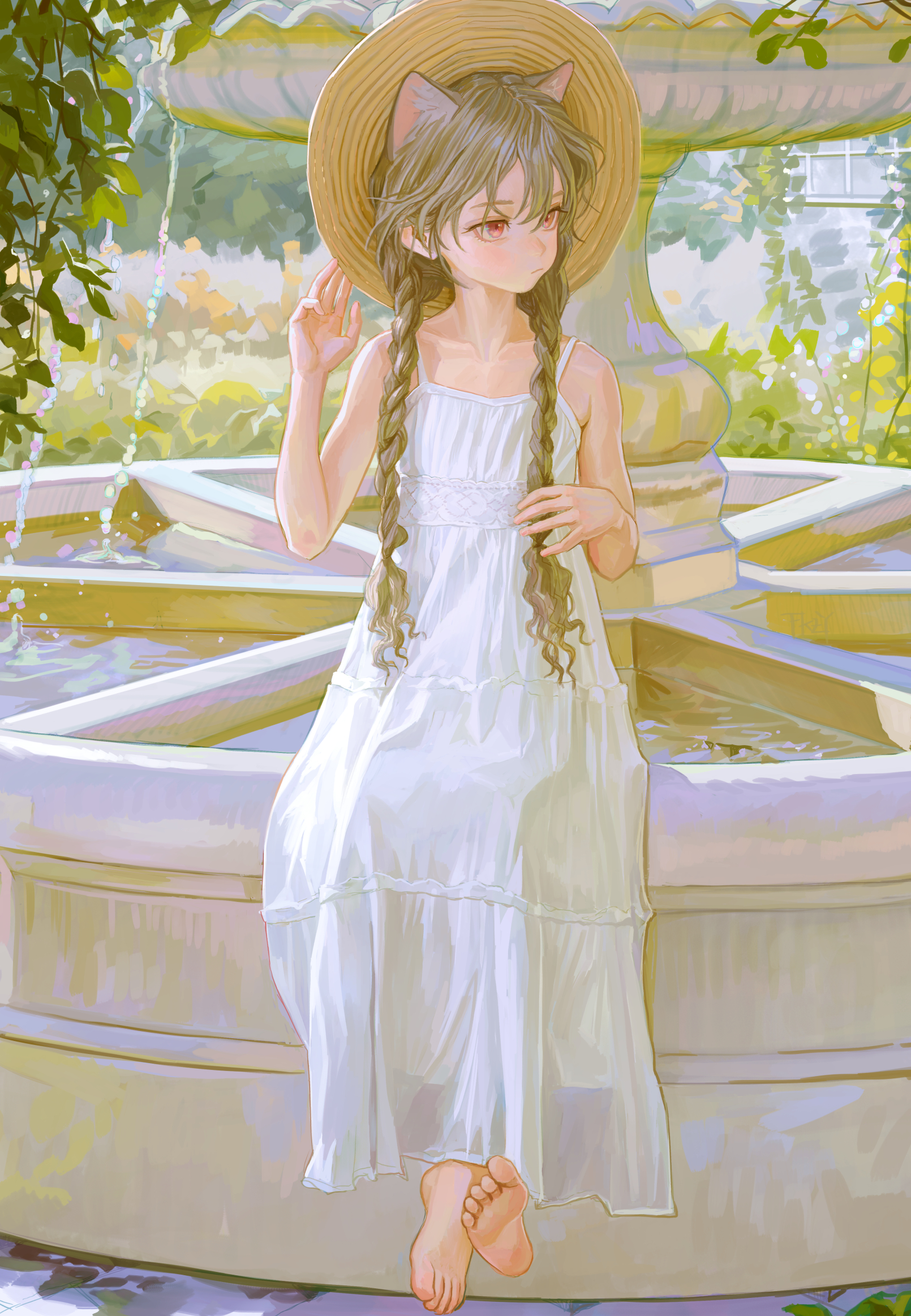 an anime girl with cat ears is sitting barefoot on the edge of a fountain. she is wearing a white summer dress and a straw hat. her hair is in braids. the scene is peaceful and bathed in sunlight.