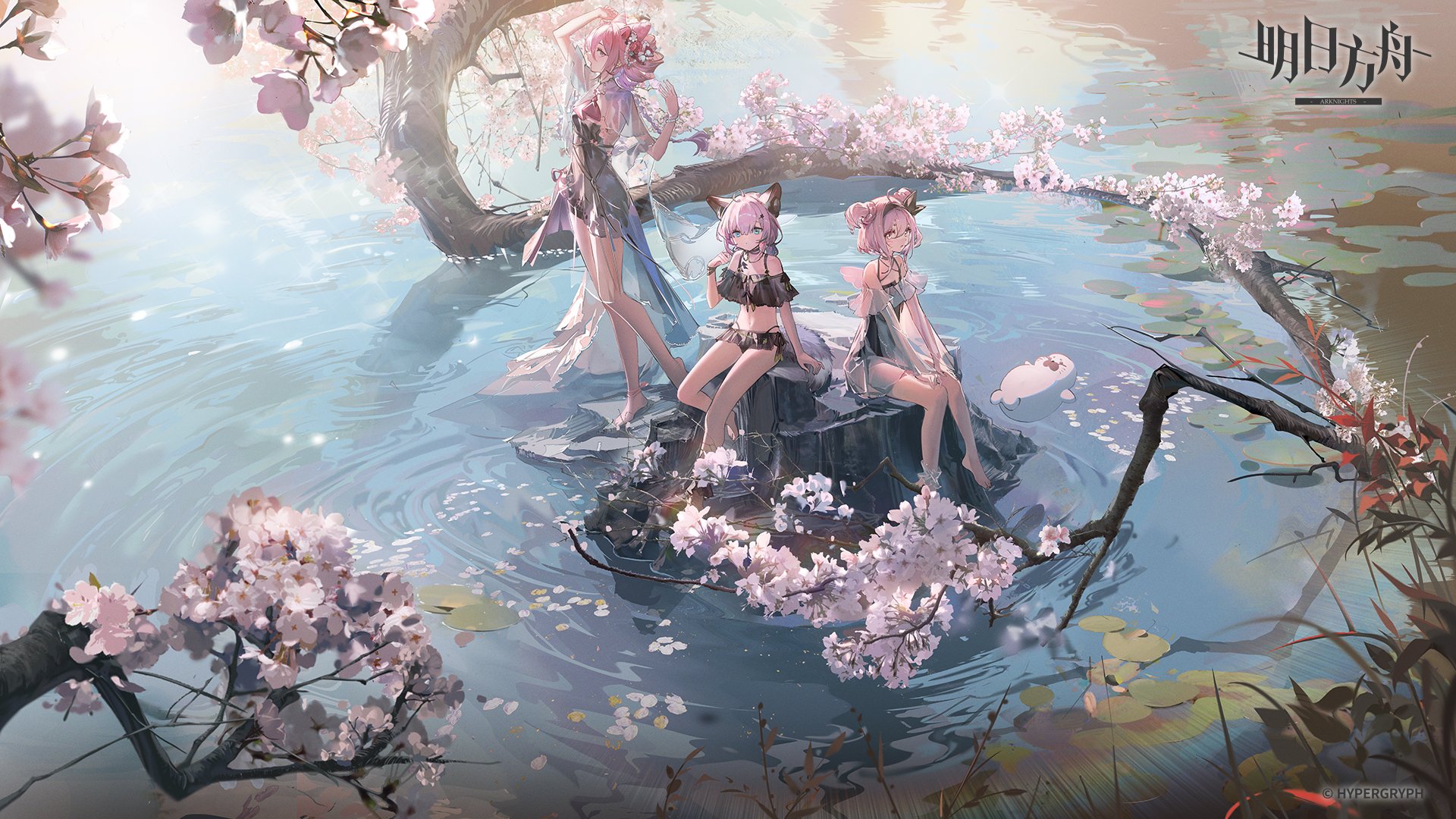 the image showcases three girls relaxing amidst a serene water setting. two are seated upon a rock, while the third stands gracefully. they are surrounded by lush greenery, including cherry blossom trees in full bloom, with their delicate petals scattered on the water's surface. the water itself is placid, reflecting the sky and foliage, creating a sense of tranquility. the overall palette evokes a gentle and dreamy atmosphere.