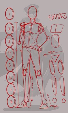 this image is a digital sketch showing the shapes and basic steps in drawing a human figure.  the figure is standing with their weight shifted to one leg, creating a natural leaning pose.  the image also includes simple shapes that the artist used to guide the drawing process.  numbers are used to guide the viewer's eye from the top to the bottom, highlighting important proportions.  the drawing is done in red lines on a light grey background.