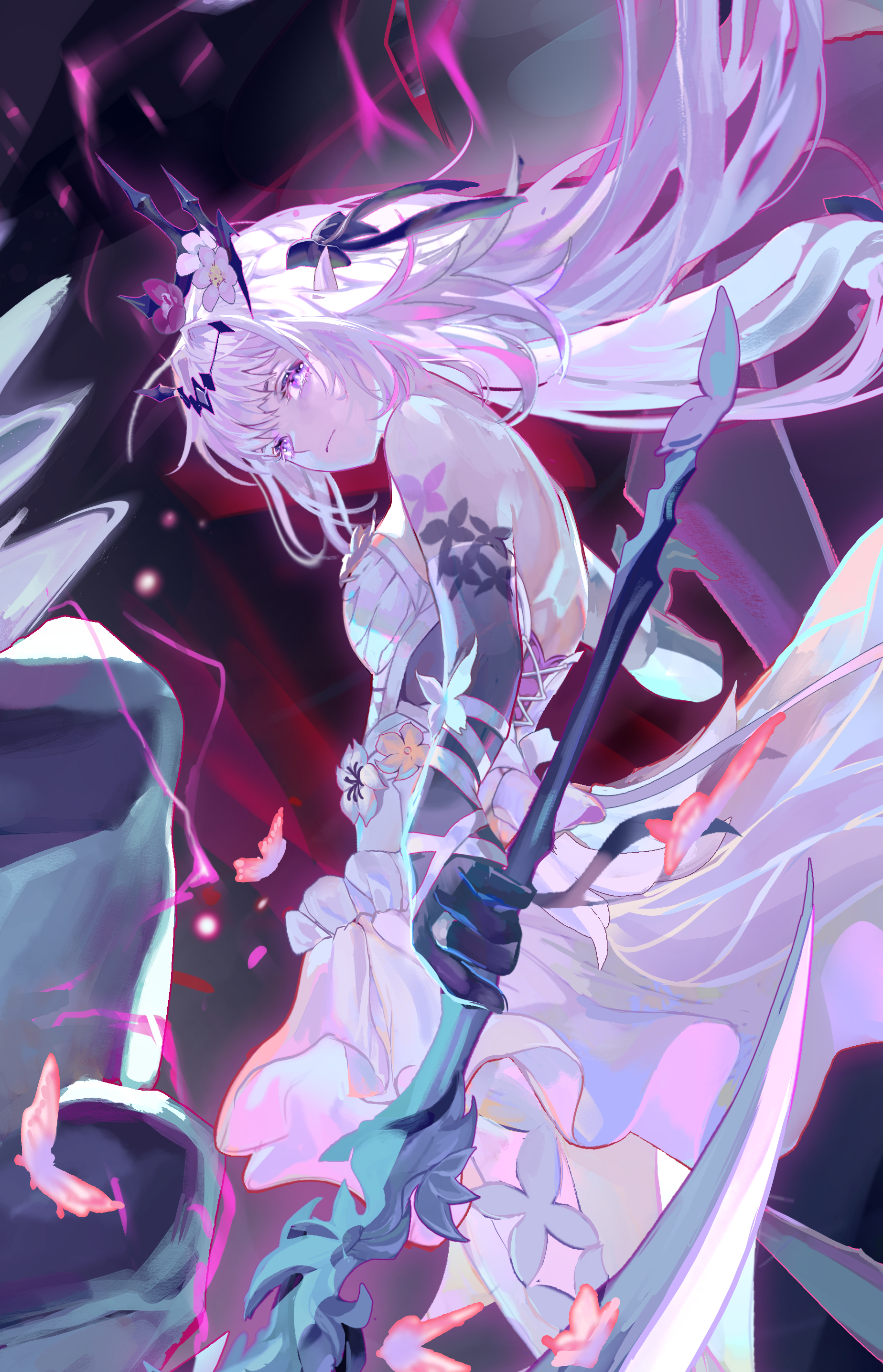 an anime girl with long white hair and purple eyes holds a scythe. she wears a white dress and has flowers and butterflies around her.