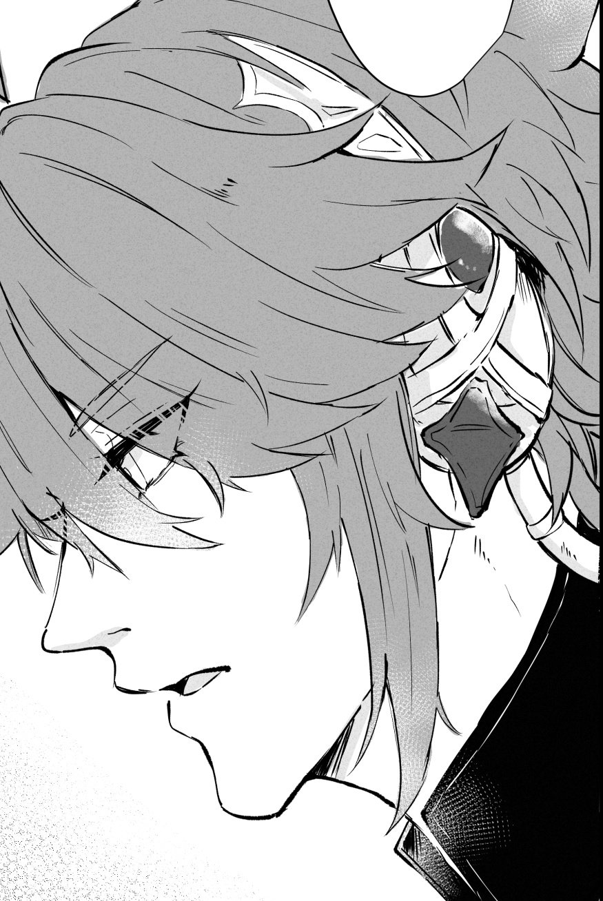 a black and white illustration of an anime character with long hair, who is looking at the side with a serious expression on their face. their hair is covering their eye and the viewer can only see the outline of their face, as the majority of it is covered by their hair. the character is dressed in a dark outfit, with a whitecolored design on their shoulder. they have a very sharp jawline and a welldefined nose. the lines of the drawing are fine and clean, giving it a very smooth and polished look. the image is cropped to show only the character's head and shoulder.