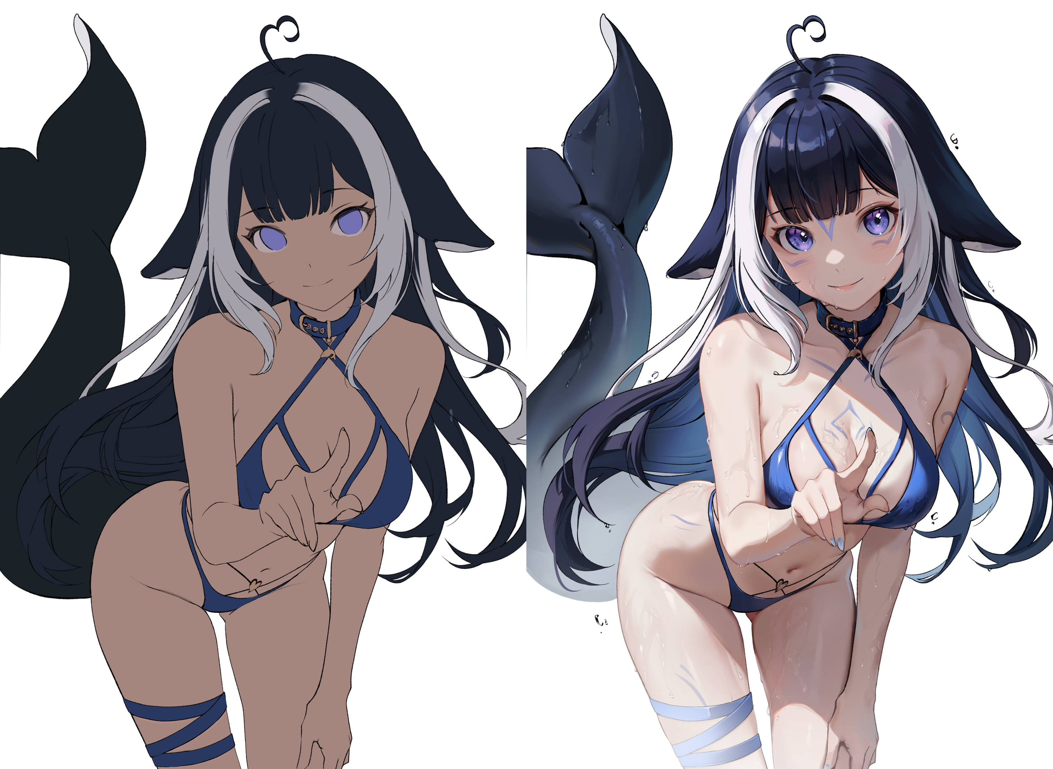 he image shows a sidebyside comparison of an animestyle illustration of a girl.  the left side shows a flatcolored version of the character, while the right side shows the completed illustration with shading, rendering, and detail. the character has long black and white hair, orcalike ears and tail, and is wearing a blue bikini. she is depicted in a slightly seductive pose. the completed version includes highlights and details such as water droplets on her skin.