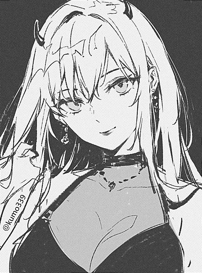 a greyscale mangastyle illustration of an anime girl with long hair and horns. she is wearing a choker necklace, earrings, and a lowcut top. the illustration has a detailed linework.