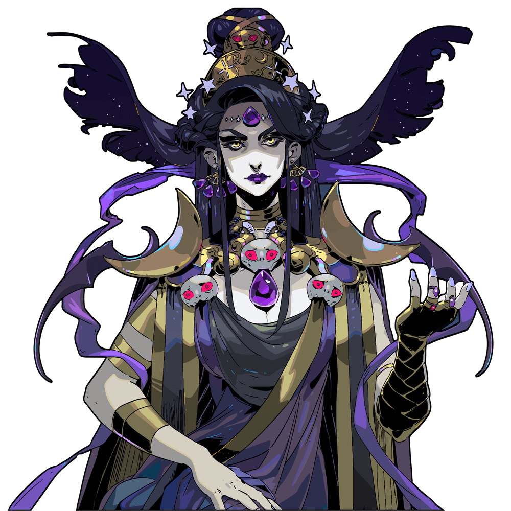 a darkhaired woman with wings, a crown, and purple jewelry, dressed in purple and gold, appears to be a goddess or sorceress of some kind. she is a fantasy character. she has a serious and somewhat menacing expression on her face.