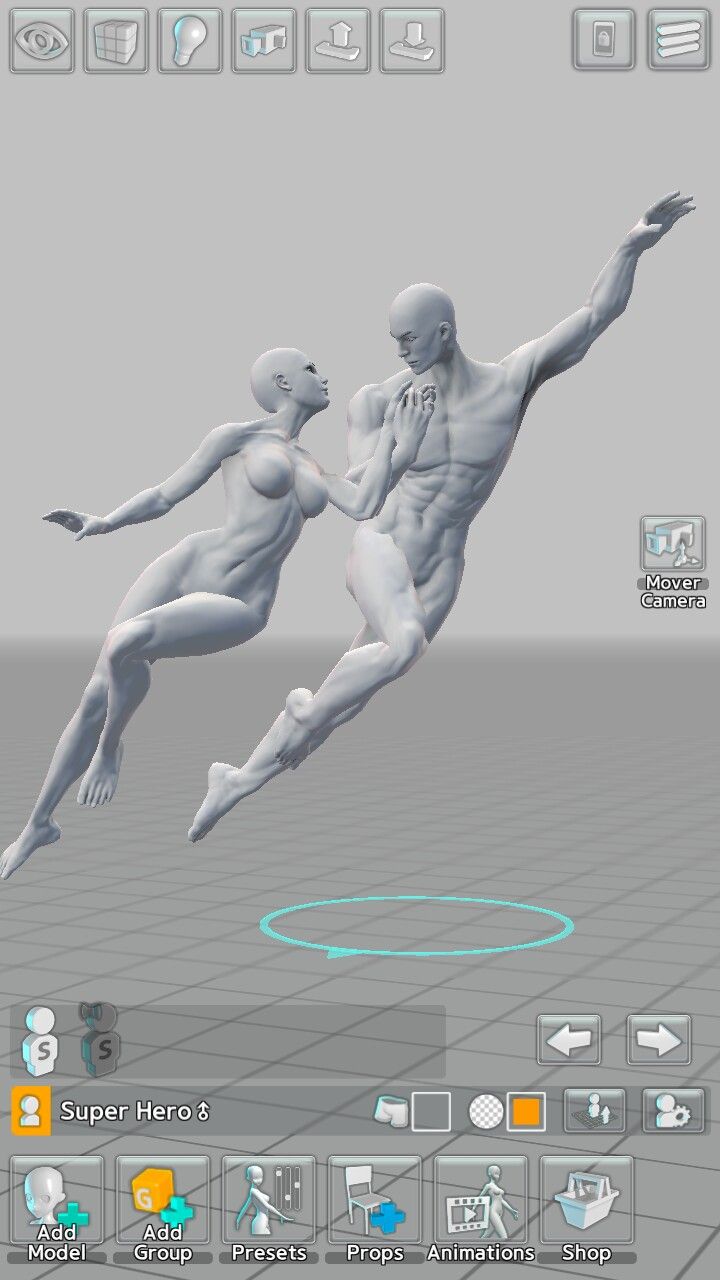 this image is a 3d modeling software screen with two characters in the scene. the characters are a man and a woman in a superhero pose. the image is from a firstperson perspective, showing the user's point of view. the interface of the 3d software is shown in the bottom of the image. it has buttons for adding models, groups, presets, props, animations, and a shop. the screen also has a button to move the camera and some other controls. the image is a work in progress, as the characters are not yet fully colored and the background is plain.  the image is a great example of what can be accomplished with 3d modeling software. it shows the potential for creating realistic and dynamic characters and scenes.
