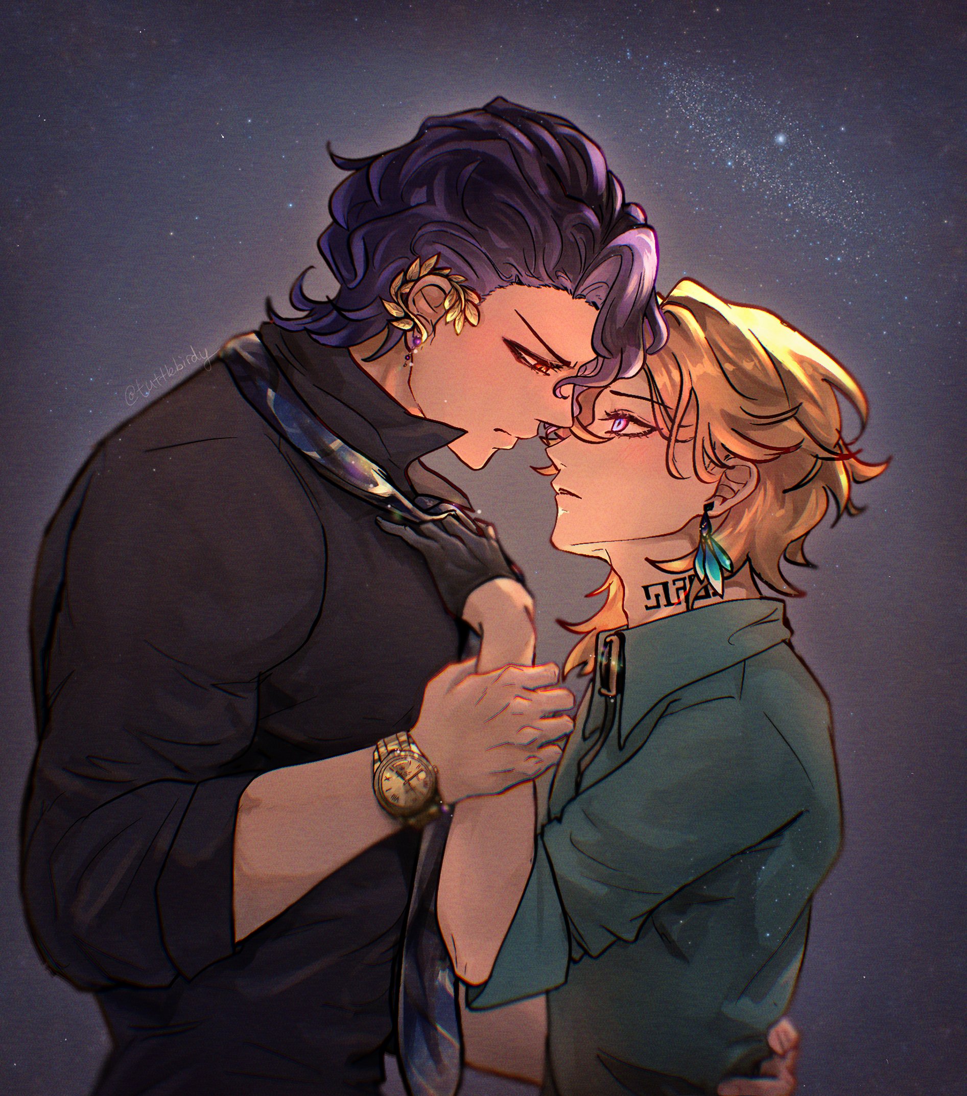 he image is a digital painting or drawing in anime style. it depicts two men, one with dark purple hair and the other with light blonde hair, in a tender embrace. they are very close, their foreheads touching, their eyes closed.  the man with dark hair is dressed in a dark suit with a patterned tie and a watch, while the other man is wearing a teal shirt.  they are both wearing earrings, and the blondehaired man has a small tattoo on his neck. the background is a dark, starry night. the overall mood is romantic and intimate. the style is highly stylized and expressive, using soft lighting and shadows to create depth and atmosphere.