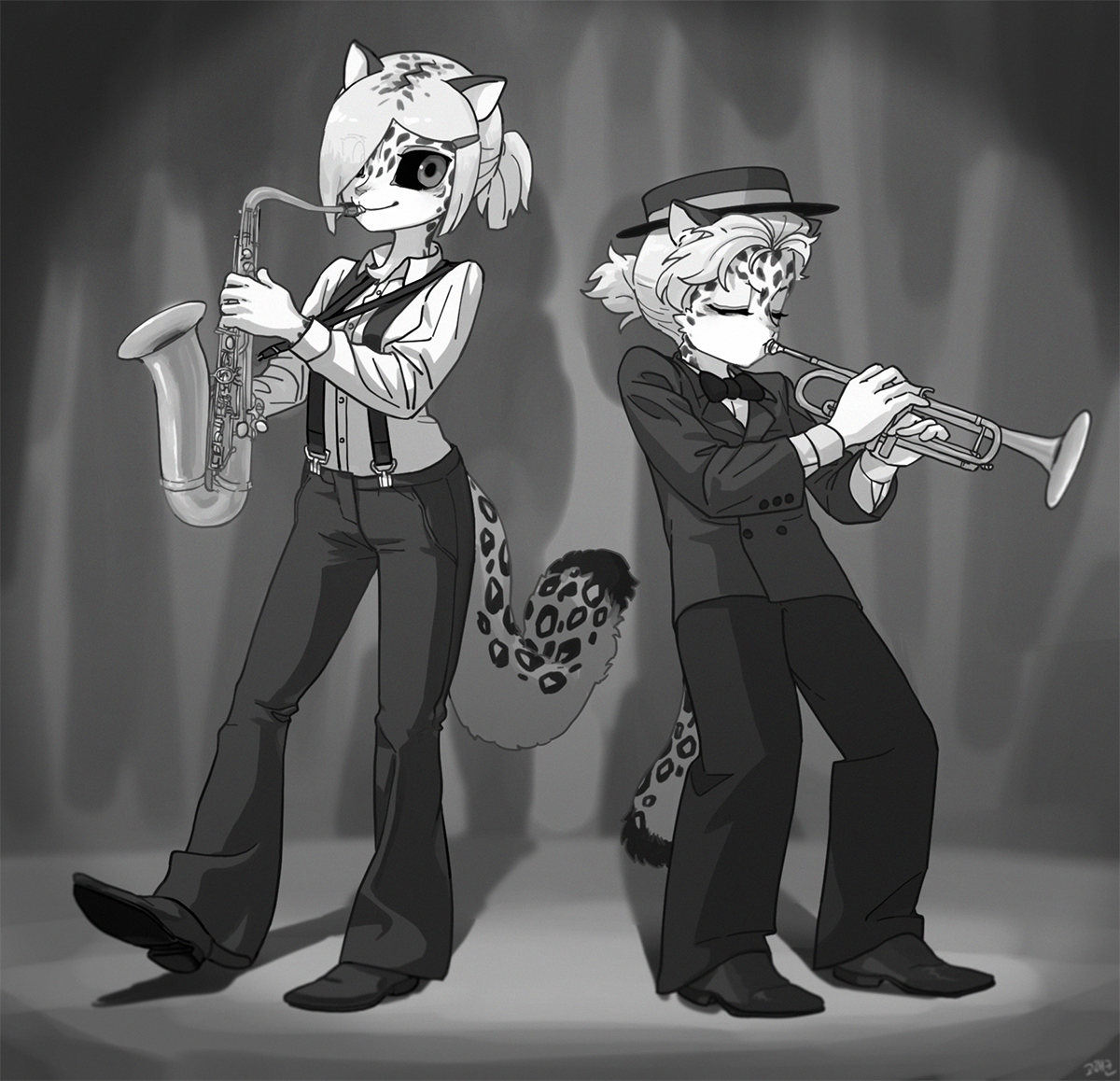 two snow leopards dressed in black and white suits are playing jazz music. one leopard is playing a saxophone and the other is playing a trumpet. the image is drawn in a black and white cartoon style.