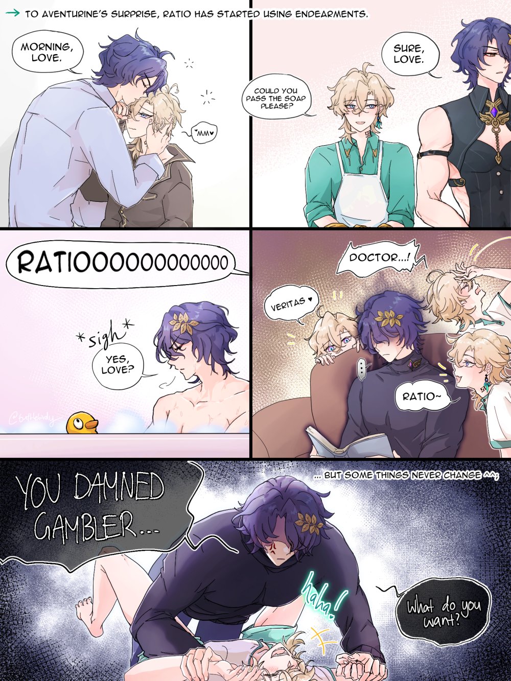 the image is a multipanel comic strip or webcomic, likely from a boys' love (bl) or yaoi manga. it depicts a romantic relationship between two characters,  one with purple hair (ratio) and another with blonde hair (aventurine, possibly). the story shows how ratio, initially stoic, has started using affectionate terms like "love" and "morning, love." the comic humorously contrasts this new display of affection with ratio's underlying personality traits, shown in a scene where he teases the blondehaired character. other scenes feature other characters and a humorous depiction of a situation that suggests that some things still remain unchanged despite the romantic development.  the overall style is lighthearted and romantic.