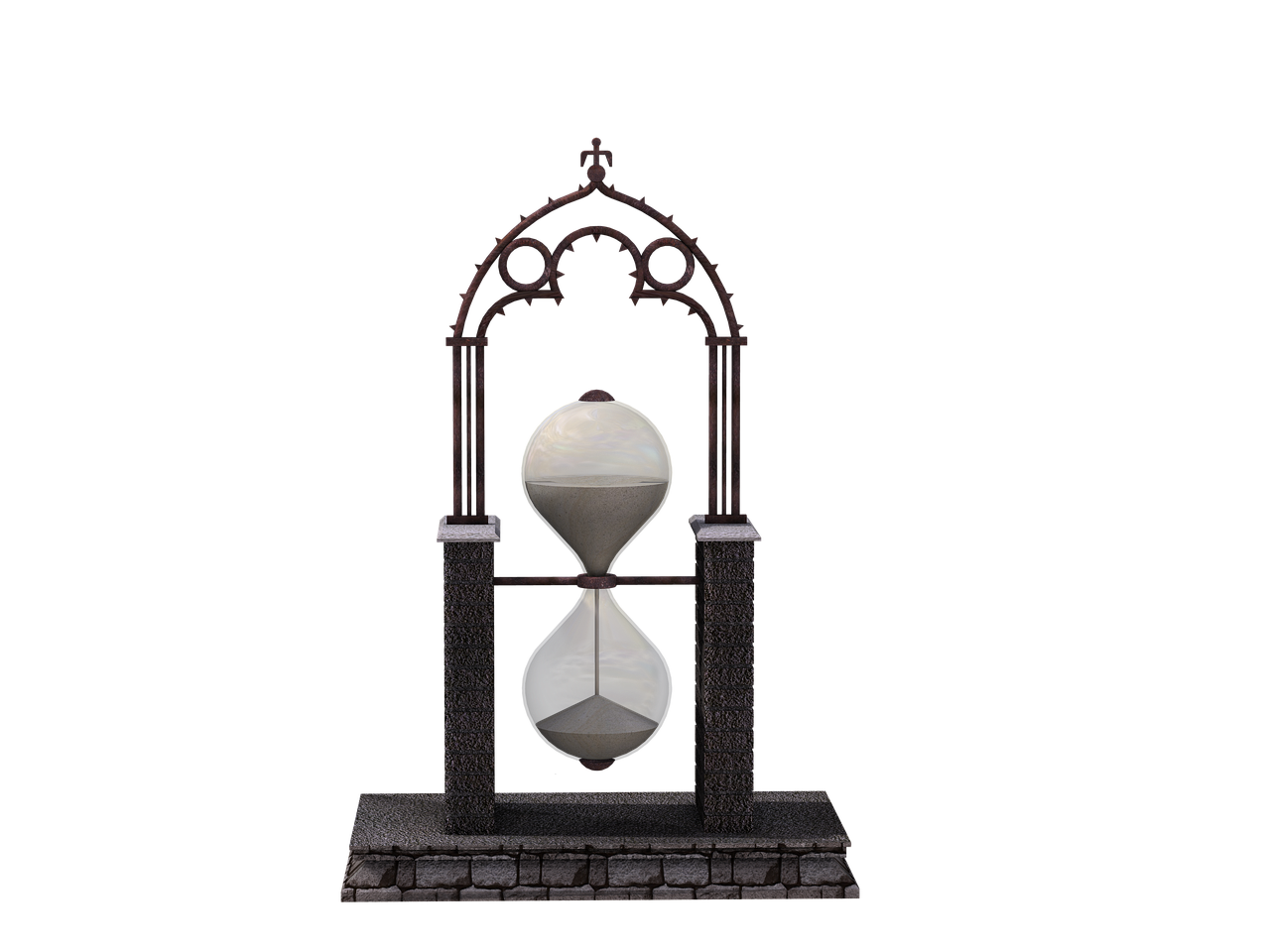 an image of an hourglass set within a medieval gothic arch, resting on a stone base. the hourglass is partially filled with sand in the top bulb, with some of the sand having fallen to the bottom bulb. the archway surrounding the hourglass is made of weathered, rusted metal and is supported by two stone pillars. the base is constructed of dark stones. the background is black, creating a dramatic contrast.