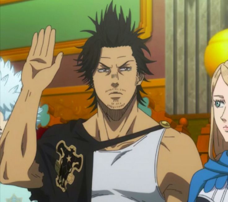 this is an anime image of asta, a character from black clover. he is wearing a black and white shirt with the black bulls symbol on it.  he is raising his right hand in the air. beside him is another character.