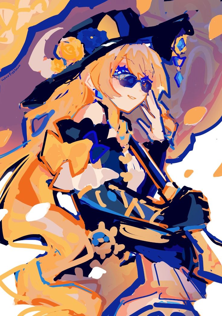 he image is a vibrant digital painting of an animestyle girl. she has long blonde hair, is wearing a large, ornate witch's hat adorned with yellow flowers and blue accents, and stylish sunglasses. her outfit is a mix of yellow, orange, blue, and black, with a dynamic and expressive style that suggests movement. the overall style is loose and painterly, with visible brushstrokes and a focus on color and emotion rather than precise detail. the background is a blend of abstract shapes and colors, complementing the figure's dynamic pose. the art style is reminiscent of modern fanart, suggesting it may be inspired by a specific character or work.