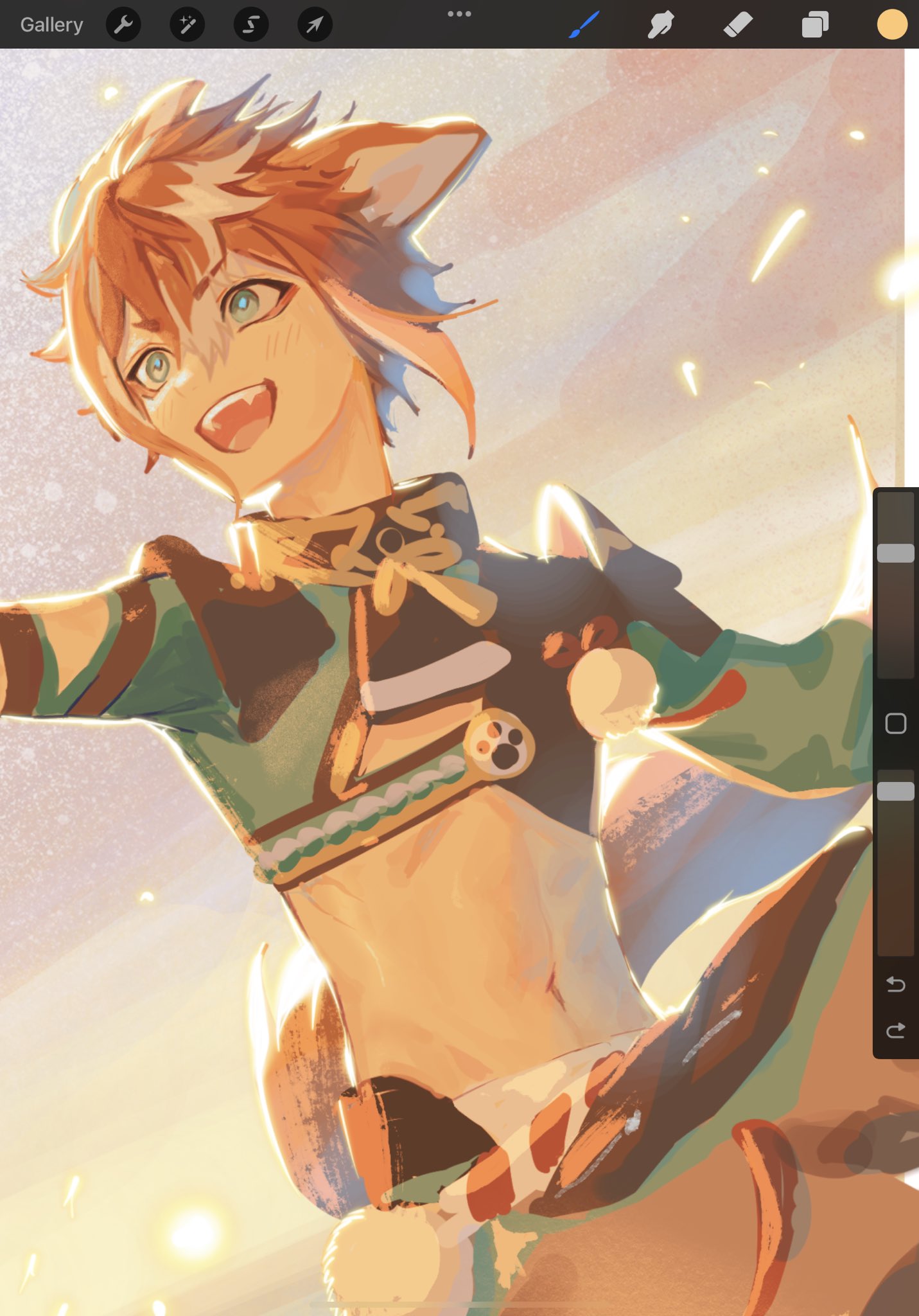 this is a digital illustration of an anime character. the character is a young man with red hair, green eyes, and a bright smile. he is wearing a green and brown outfit, with a cat ears and a tail. he has white fur on his ears and tail. the character is in a field, with a sunset in the background. the sky is filled with golden light and sparkles. the overall mood of the image is happy and joyful.