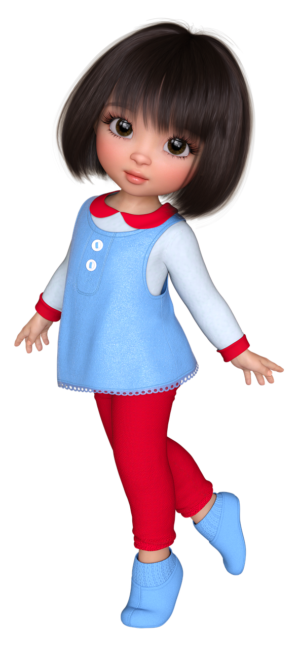 the image shows a cartoon doll of a young girl. she has a bob cut hairstyle with bangs, big eyes, and a cute expression. she is wearing a light blue dress with a peter pan collar, long white sleeves with red cuffs, red leggings, and blue booties. the dress has two white buttons. the background is black.