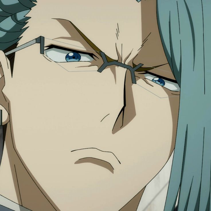 the image shows a closeup of a man's face. he has teal hair, blue eyes, and is wearing glasses. his expression is serious, with a furrowed brow and a slight frown. his lips are pursed. the man is depicted in an anime style. the color palette is muted, with shades of gray, blue, and teal dominating. the background is not visible.