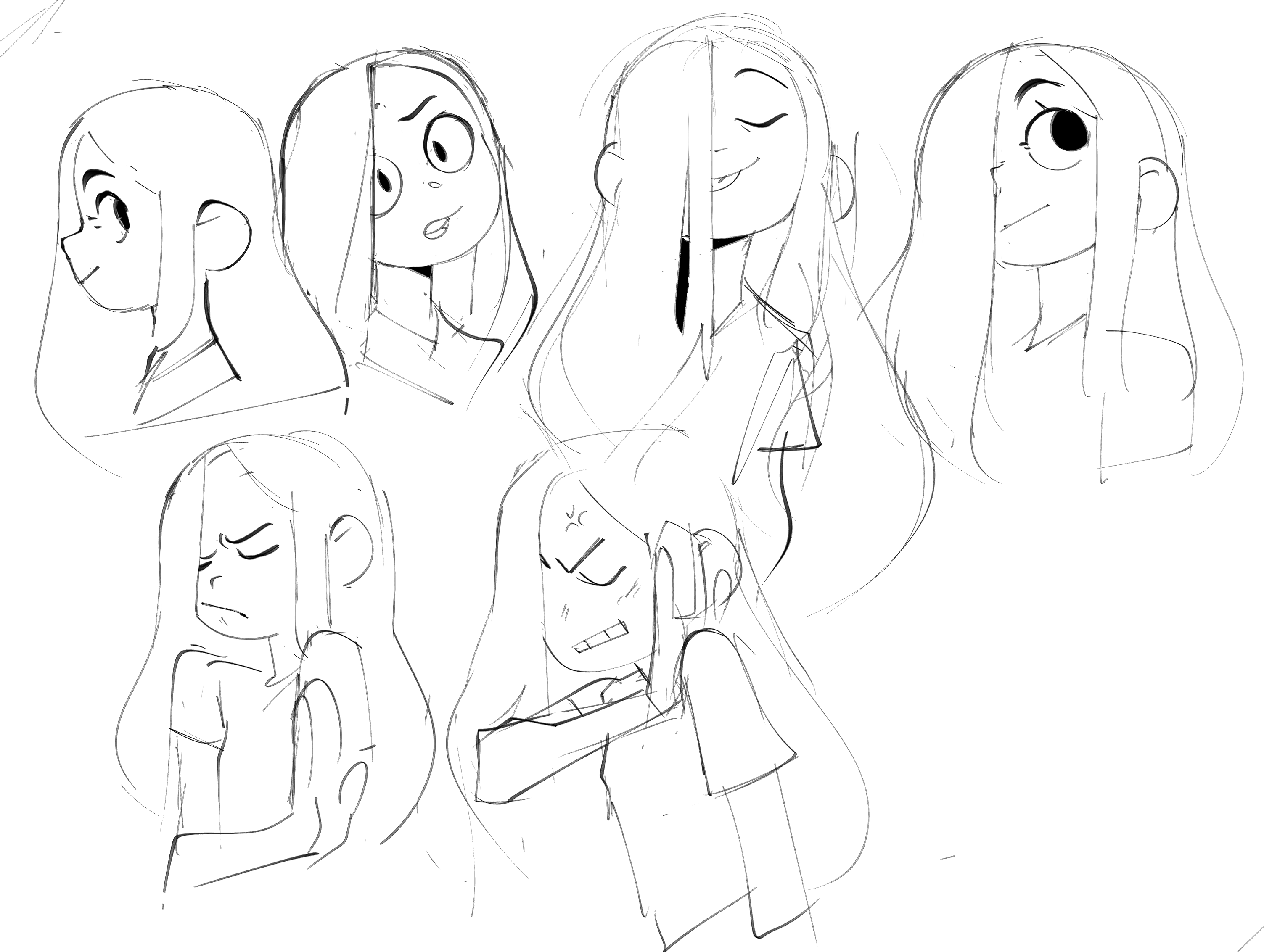 a sketch of six different girls with different facial expressions. the girls all have long hair and are drawn in a simple, cartoon style. the expressions include happy, sad, angry, surprised, embarrassed and frustrated. the girls are all facing different directions and have different poses. the sketch is done in pencil and is slightly messy, adding to its charm.
