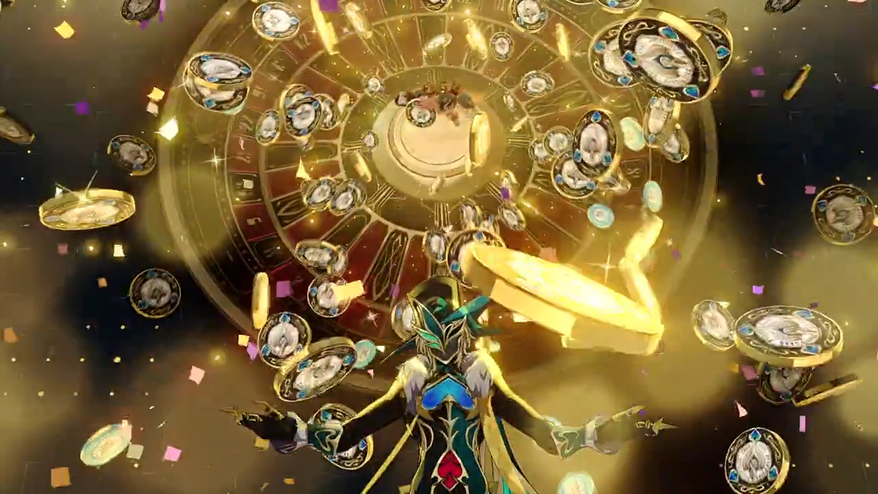 this is a digital illustration of a female character in a video game, standing in a casino setting. she is surrounded by gold coins with clocks on them, which are falling from the ceiling and floating in the air. the image has a bright, colorful, and surreal feel, and conveys a sense of celebration and excitement. the character is wearing a gold and green costume with a clock face on her chest and a golden mask on her face.