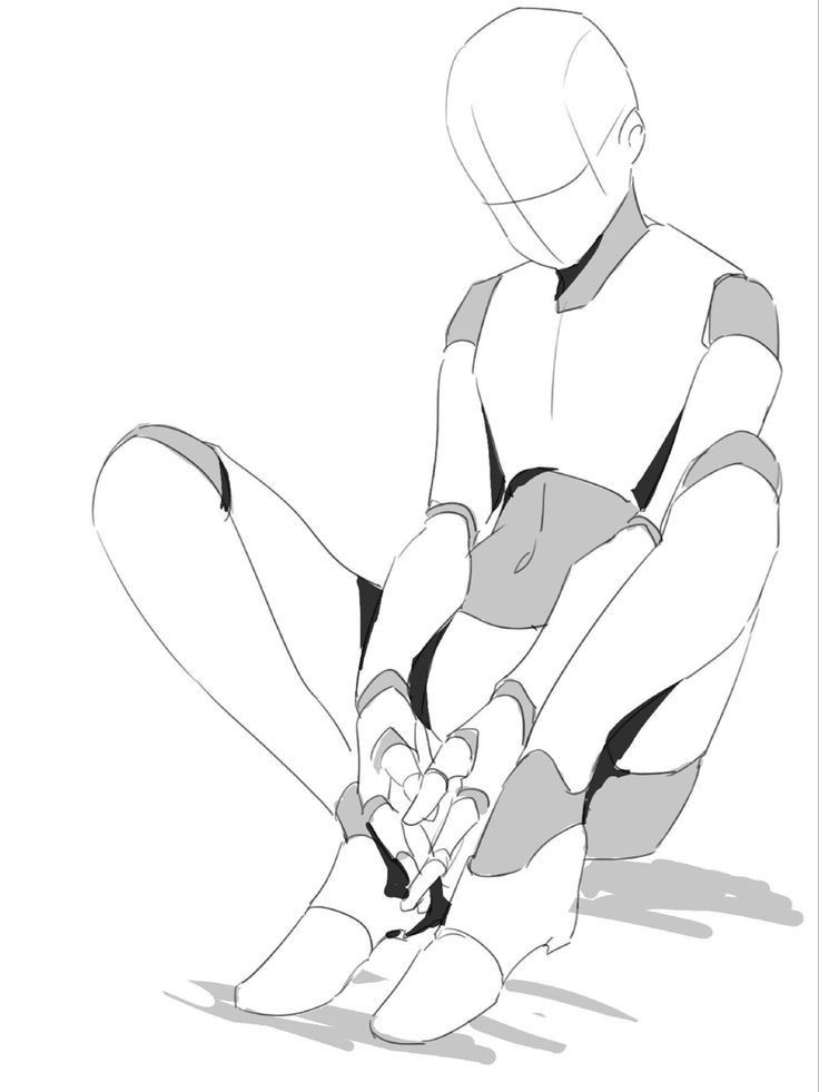 a simple line art drawing of a person sitting with their legs crossed, with their hands clasped together.  the person is wearing shoes. the drawing is done in a simple, cartoon style, and is likely used for reference or as a starting point for a more detailed drawing.