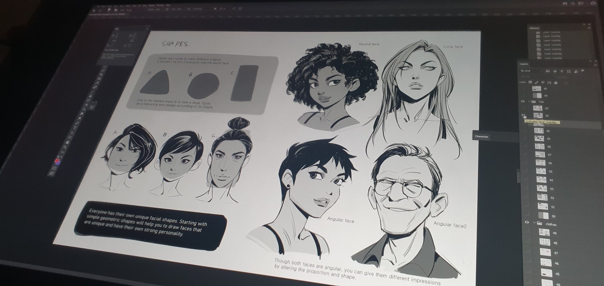 the image shows a digital drawing tutorial displayed on a graphic tablet. the tutorial focuses on drawing different face shapes using simple geometric shapes as a base.  several examples of faces with varying shapes (round, long, angular) and hairstyles are shown, along with explanations. the tutorial emphasizes the importance of using basic shapes to create unique and expressive facial features.  the screen shows the artwork itself, along with a visible layers panel in the adobe photoshoplike program suggesting a layered digital approach to the drawing.