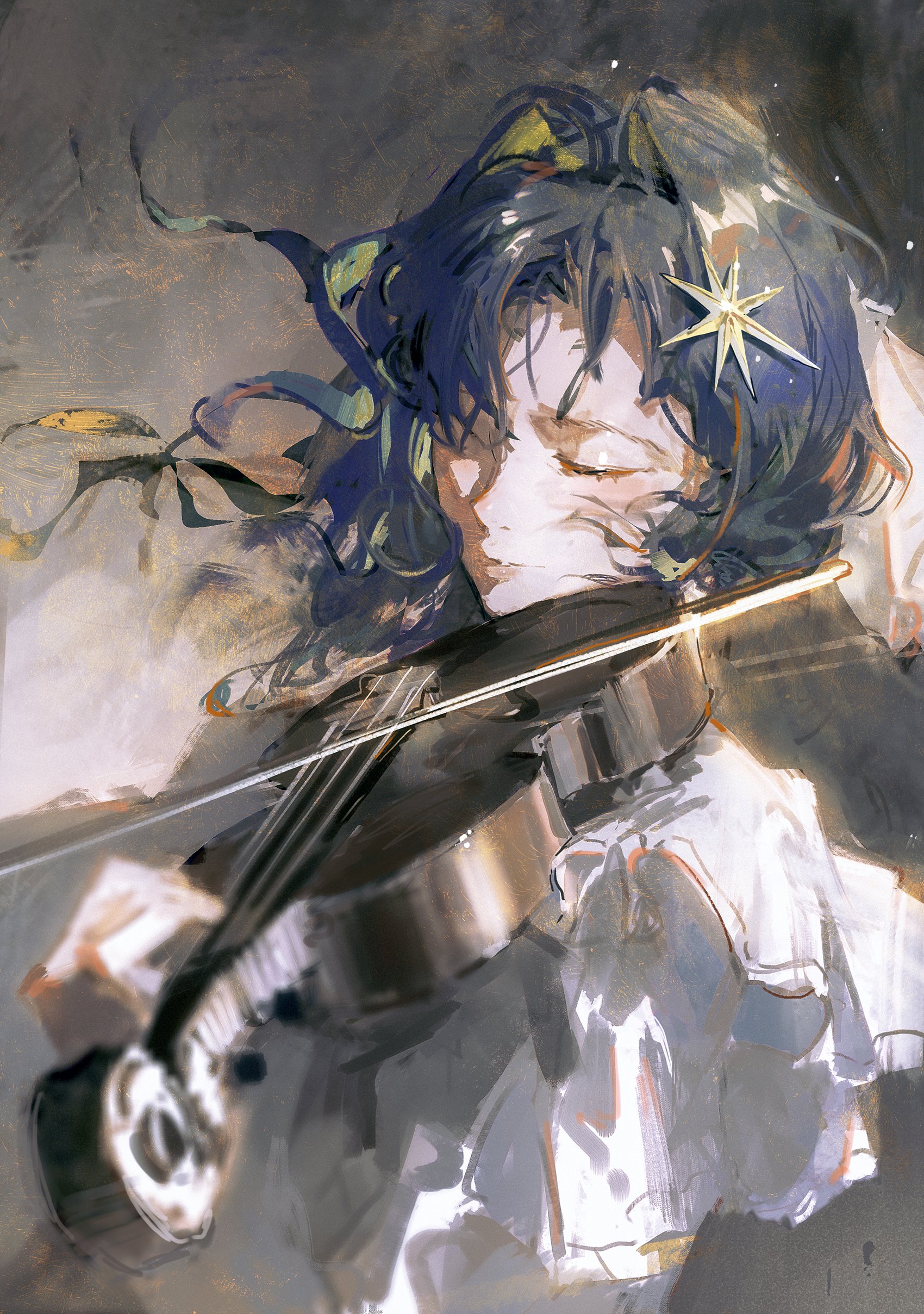 this is a digital illustration of a young woman with blue hair playing a violin. she has a star on her hair and her eyes are closed. the background is blurred and has an ethereal quality.