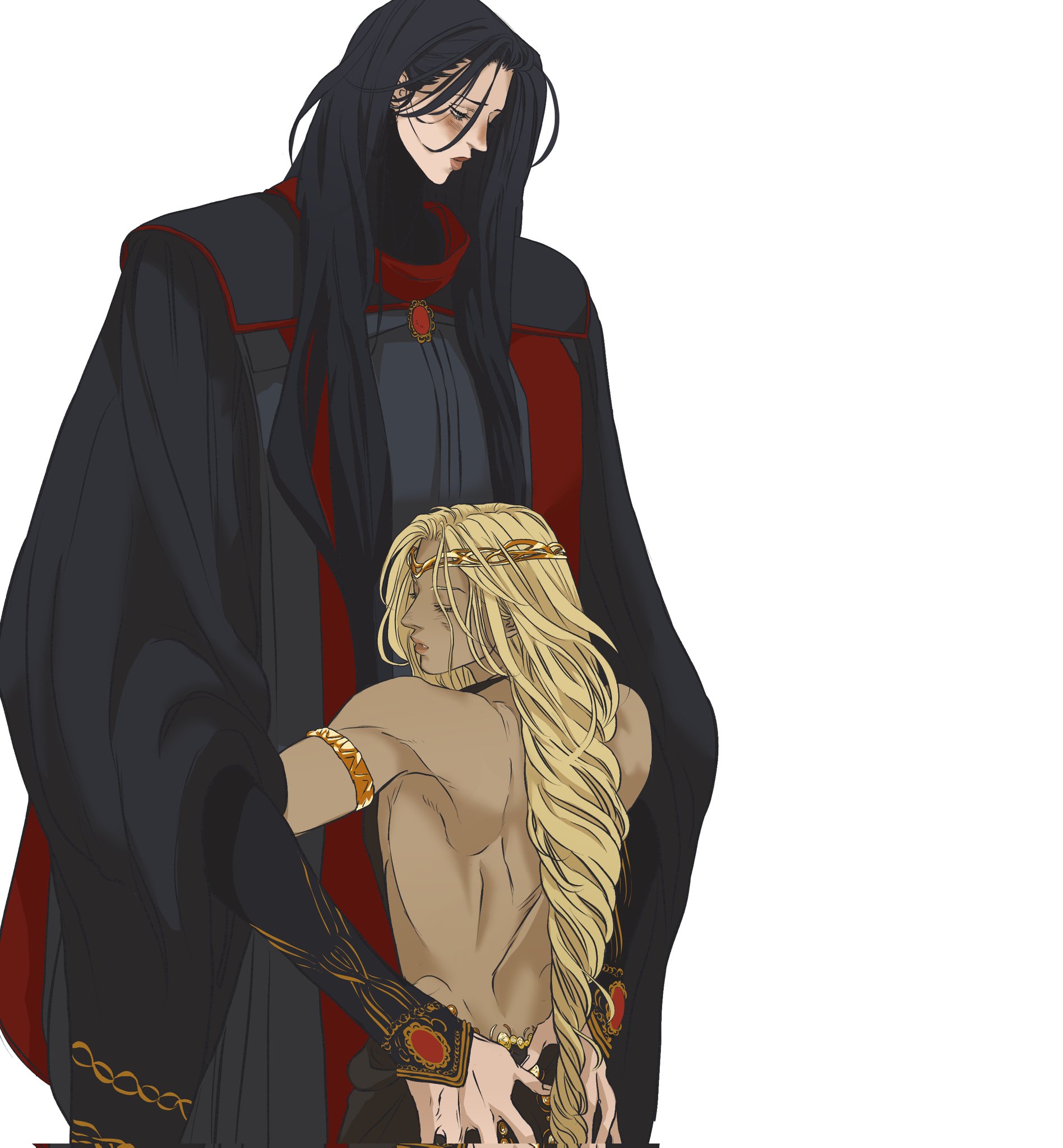 an anime style illustration features two males. one is significantly taller, clad in a flowing black robe with a red trim. this figure has long, dark hair and a somber expression. the second male has blonde hair, a crown of golden leaves, and is bare from the back. the taller figure is embracing or holding the shorter one. the setting is neutral.