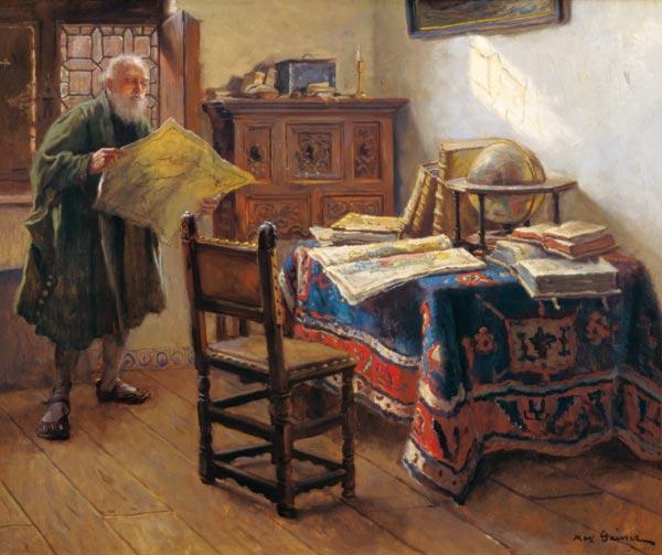 an oil painting depicts an elderly man with a white beard standing near a window, holding and examining a large map. he wears a green robe. inside the room, there's a wooden chair and a table covered with an oriental rug. the table is laden with books, maps, and a globe. a wooden chest sits against the wall, and sunlight streams through the window. a candle is on top of the chest.