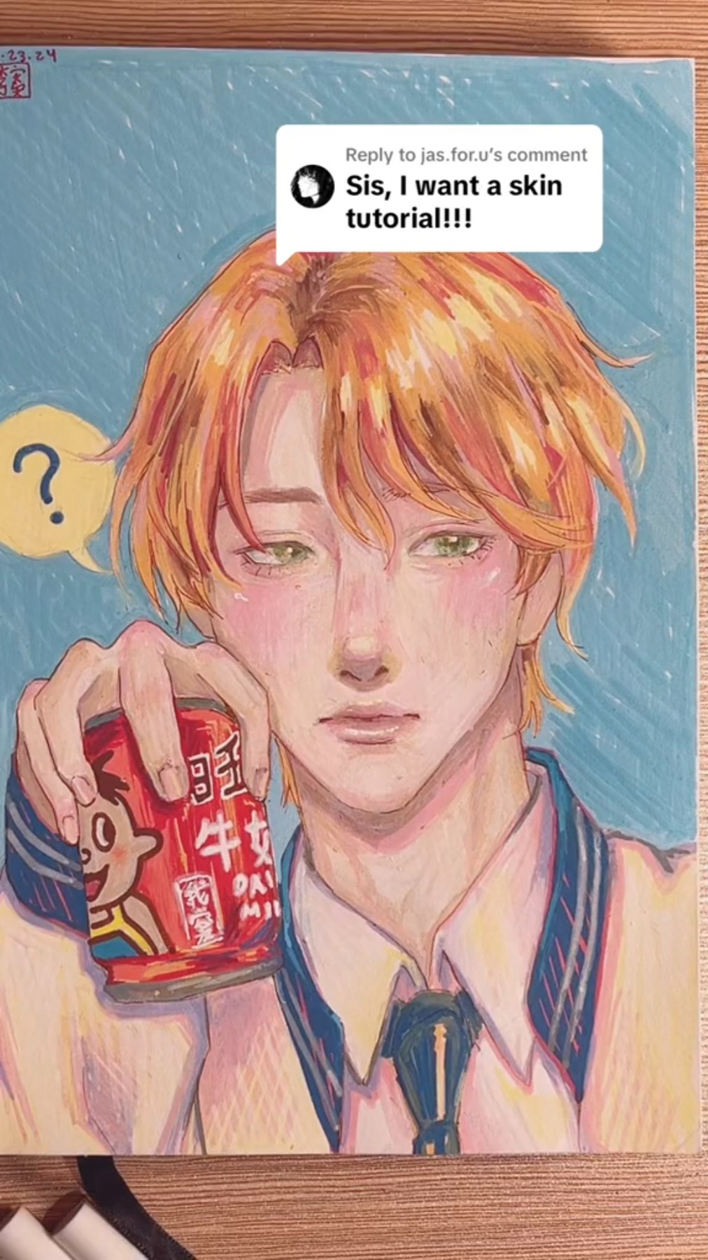 this image is a closeup portrait of a young anime boy with blonde hair and brown eyes. he's wearing a school uniform with a white shirt, a blue tie, and a red blazer. he's holding a can of milk in his right hand and is looking down at it. the drawing is done in a colorful style with colored pencils, and the background is a light blue. the artist included a comment bubble from a fan asking for a skin tutorial. this image is a great example of anime art that uses a variety of colors and textures to create a visually interesting and appealing illustration.