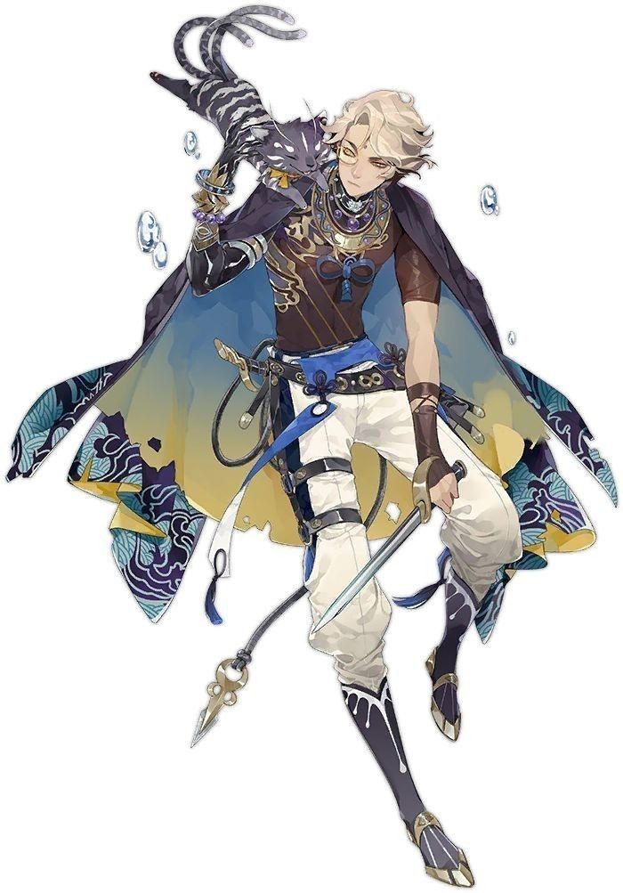 a young man with blonde hair and pointed ears leaps through the air, wielding a sword in his right hand. he wears an elaborate outfit with a mix of blue, black, gold, and white fabrics. a flowing cape with wave patterns trails behind him. he holds a black cat with white stripes perched on his left shoulder.  small, glowing bubbles float around the character. the style of the image is reminiscent of anime and fantasy illustration.