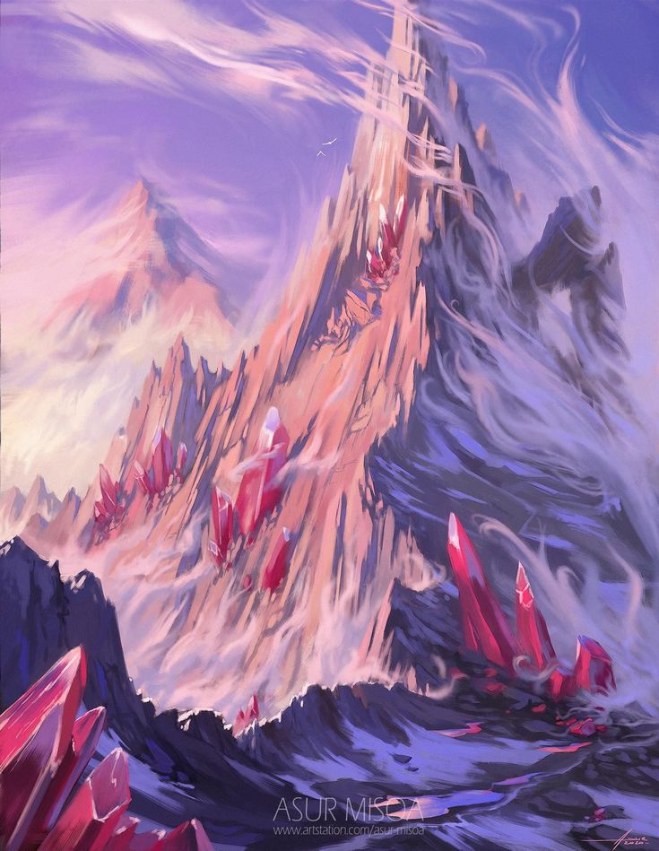 a digital painting of a fantasy landscape featuring tall, jagged mountains with red crystals embedded within their rocky surfaces. the sky is a blend of purple and pink hues, with swirling clouds and mist surrounding the peaks. two birds are visible in the distance. the style is atmospheric and dramatic, with sharp edges and a sense of height.
