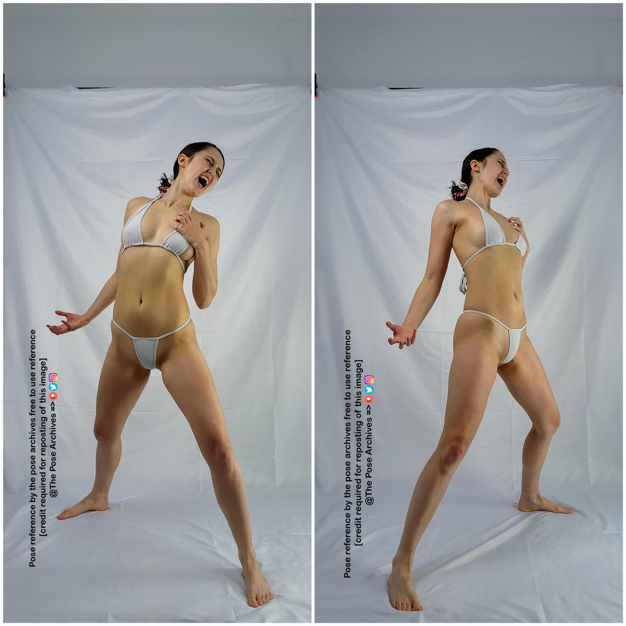 a woman with brown hair in a white bikini is posing against a white background. she is in a dynamic pose, with her mouth open in an expression of exertion or shouting. the image is a reference photo for artists, and the photographer requests credit if reposting.