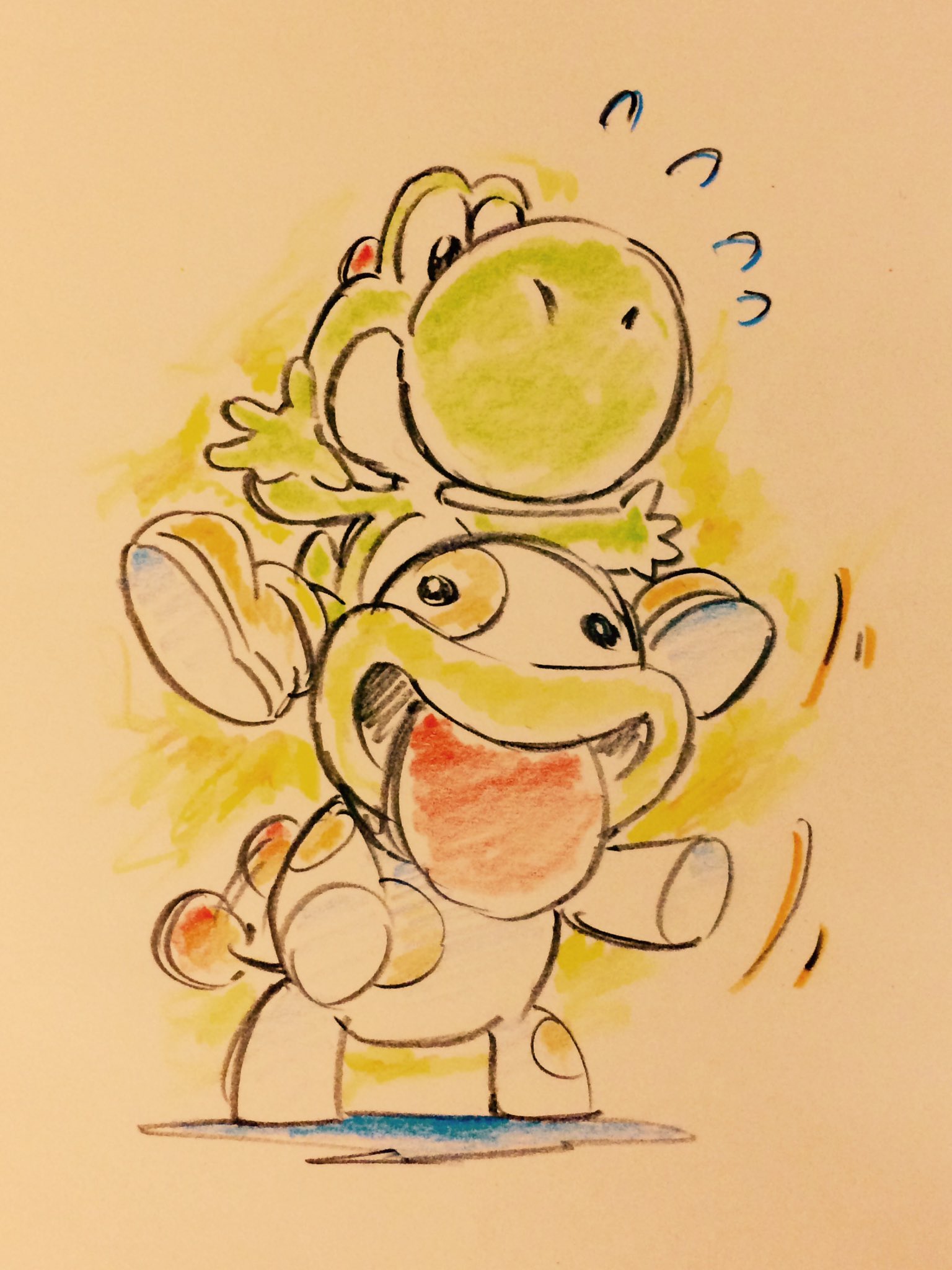 a cartoon drawing of a yellow and white yoshi carrying a green yoshi on its back. the yoshis are smiling and appear to be happy.