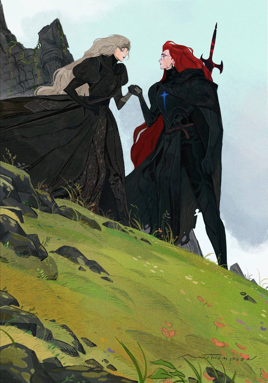 a woman in a black gown and a knight in black armor stand on a grassy hill, facing each other and holding hands. the woman's hair is long and white, while the knight has long, flowing red hair. the knight holds a large sword. in the background, there are tall mountains and a forest. the scene is painted in a digital style and has a romantic and adventurous tone.