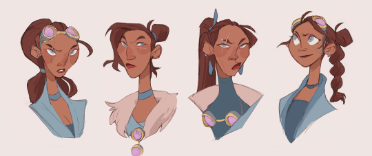 four sketches of the same woman's head and shoulders. the drawings are done in a cartoon style and explore different hairstyles and outfits for the character. she has brown skin, blue eyes, and a scar above her right eyebrow.