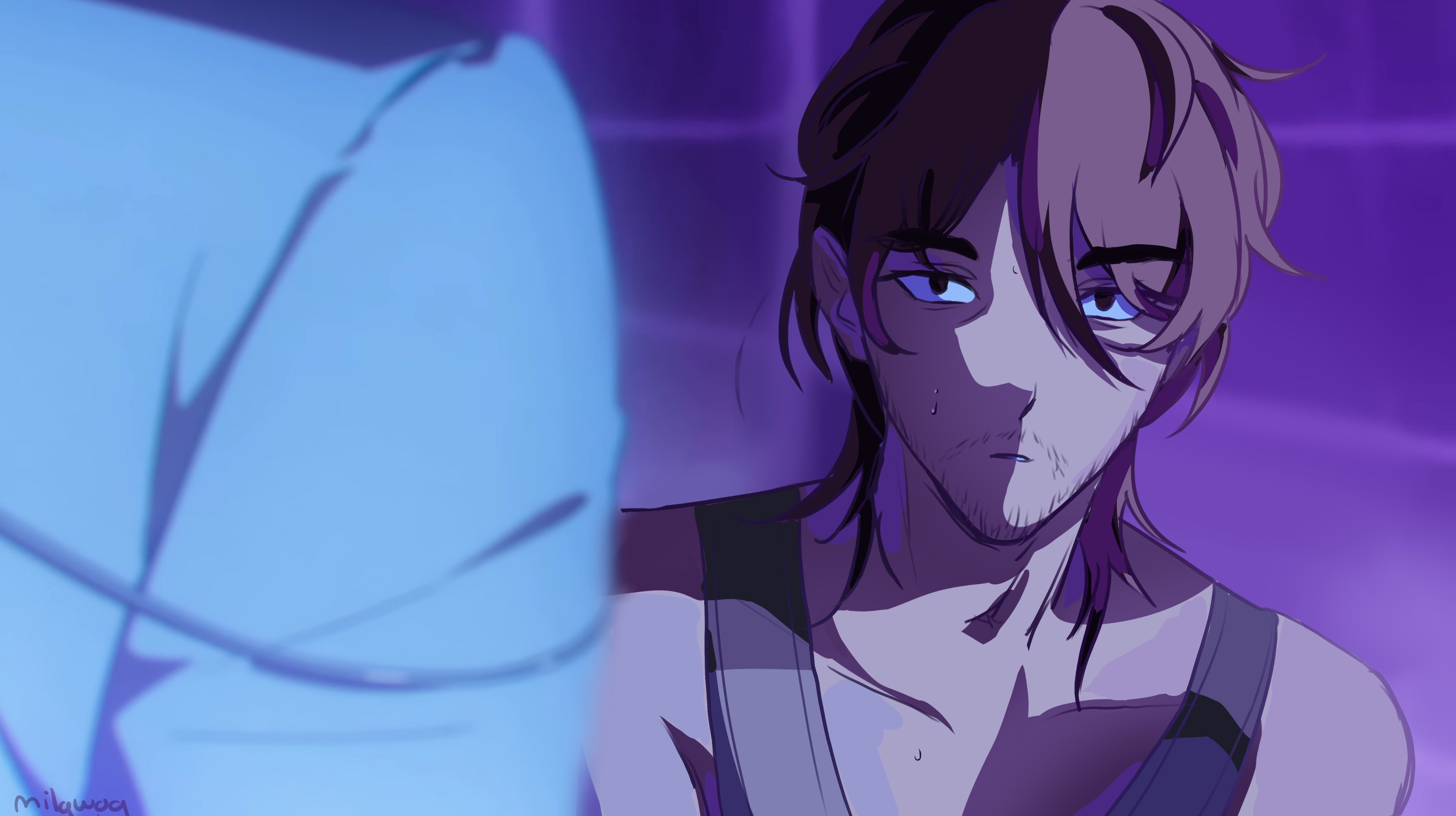 a digital illustration of a man with long brown hair. he is shirtless and wearing a tank top. he is looking directly at the viewer with a serious, almost worried, expression. the art is done in a purple and blue color scheme. the background is blurred and out of focus, emphasizing the man. the image is a closeup of the man's face and upper body, showing the detailed artwork, especially in the character's facial features. the overall mood of the image is serious and introspective. the art is in the style of anime/manga.