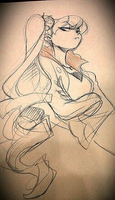 a sketch of a woman with long hair standing in a jacket. the woman's face is serious and her eyes are closed. the sketch is done in black and white.